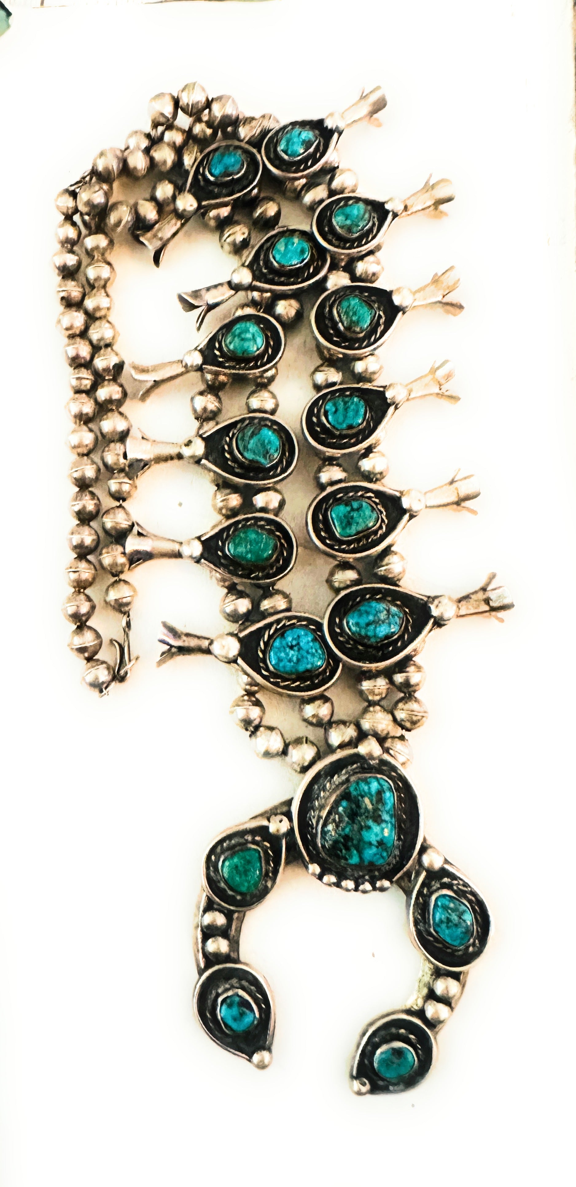 Vintage Old Pawn Navajo Turquoise & Sterling Silver Beaded Squash Blossom Necklace