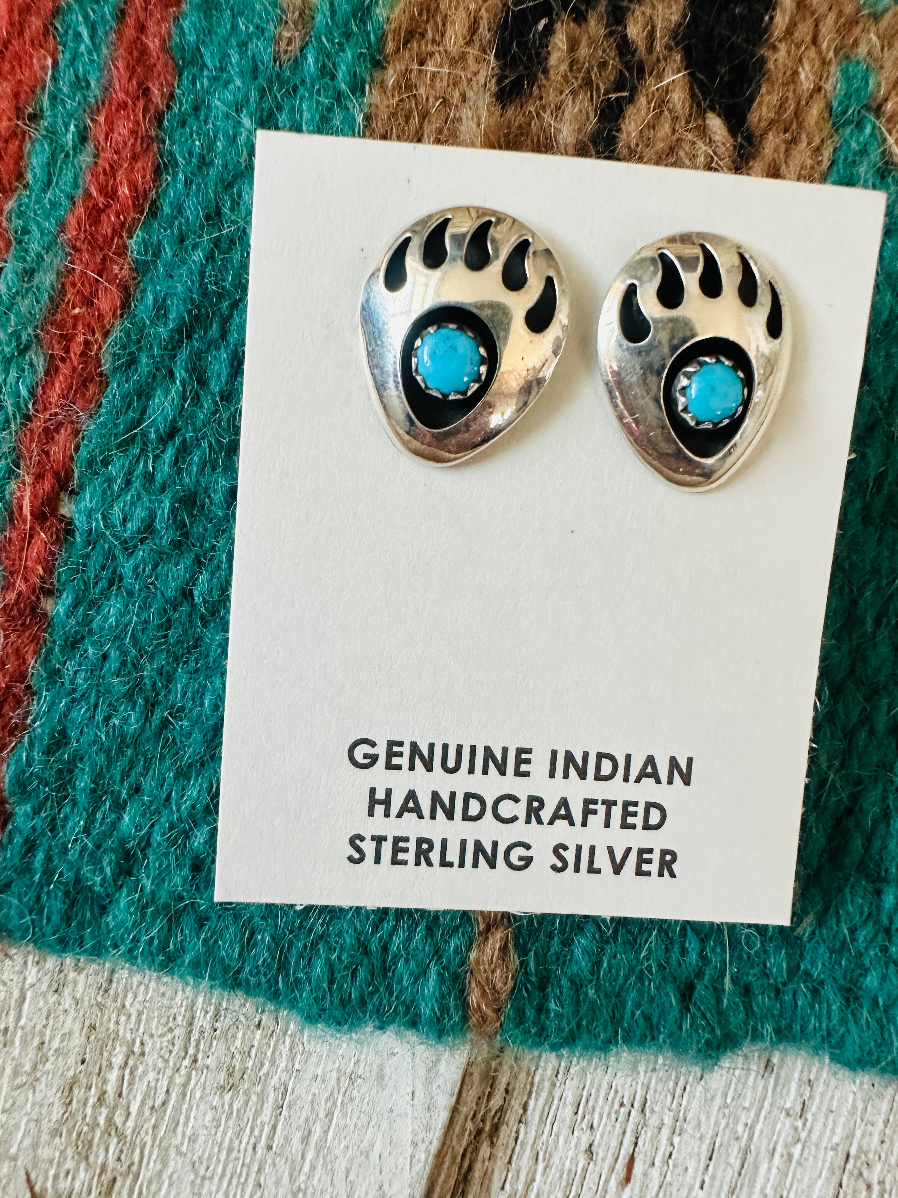 Handcrafted Turquoise & Sterling Silver Bear Paw Stud Earrings