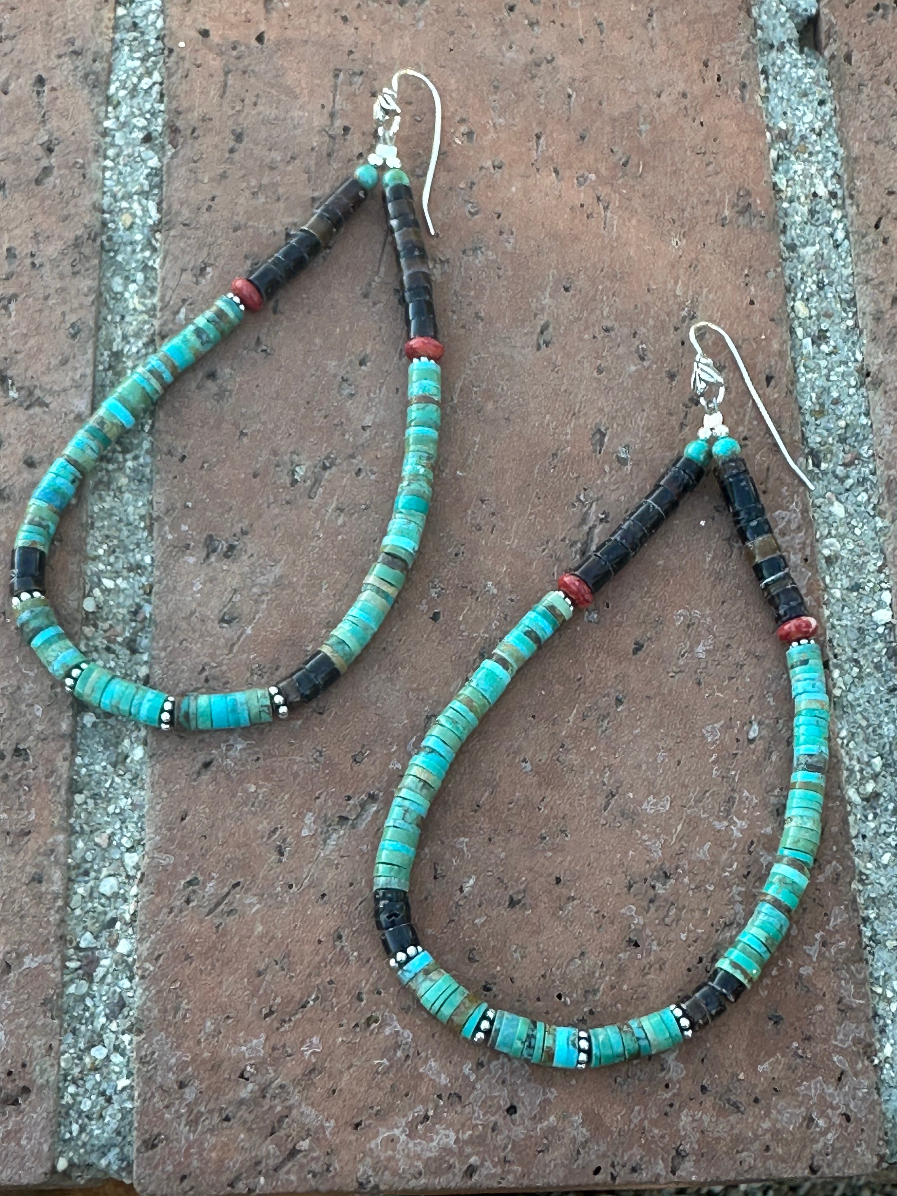 Handmade Turquoise & Heishi Beaded Hoop Earrings 5”