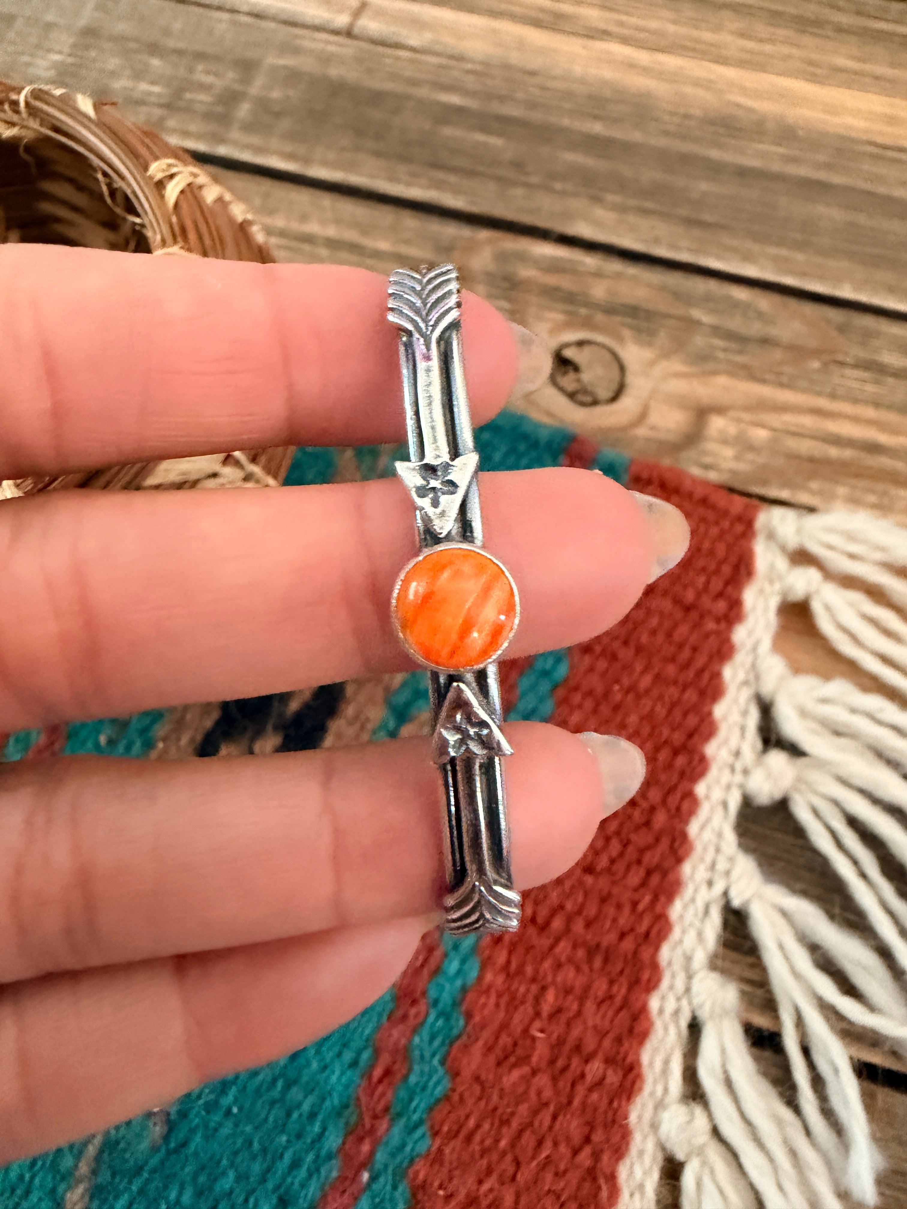 Handcrafted Sterling Silver & Orange Spiny Oyster Arrow Cuff Bracelet