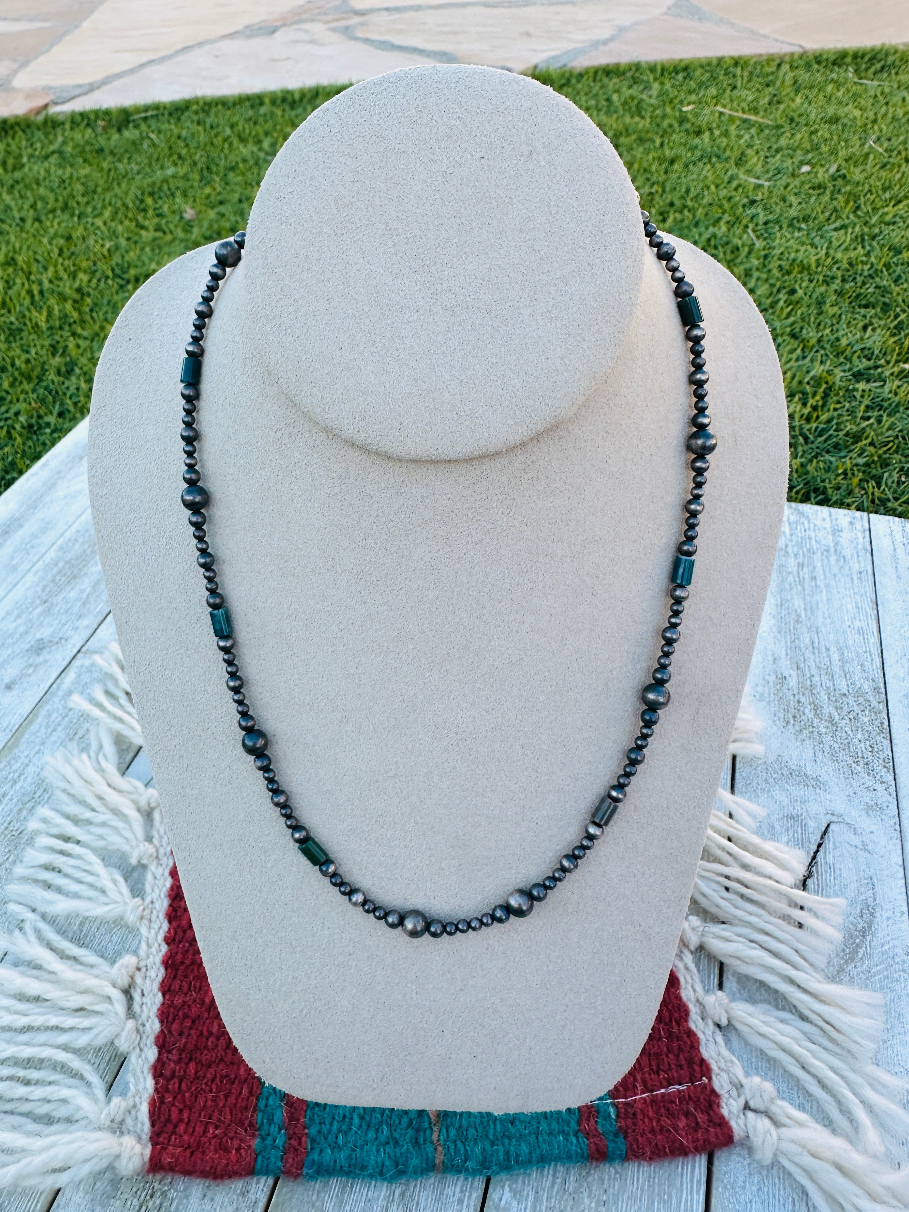 Handcrafted Sterling Silver Pearl & Lapis 18” Beaded Necklace