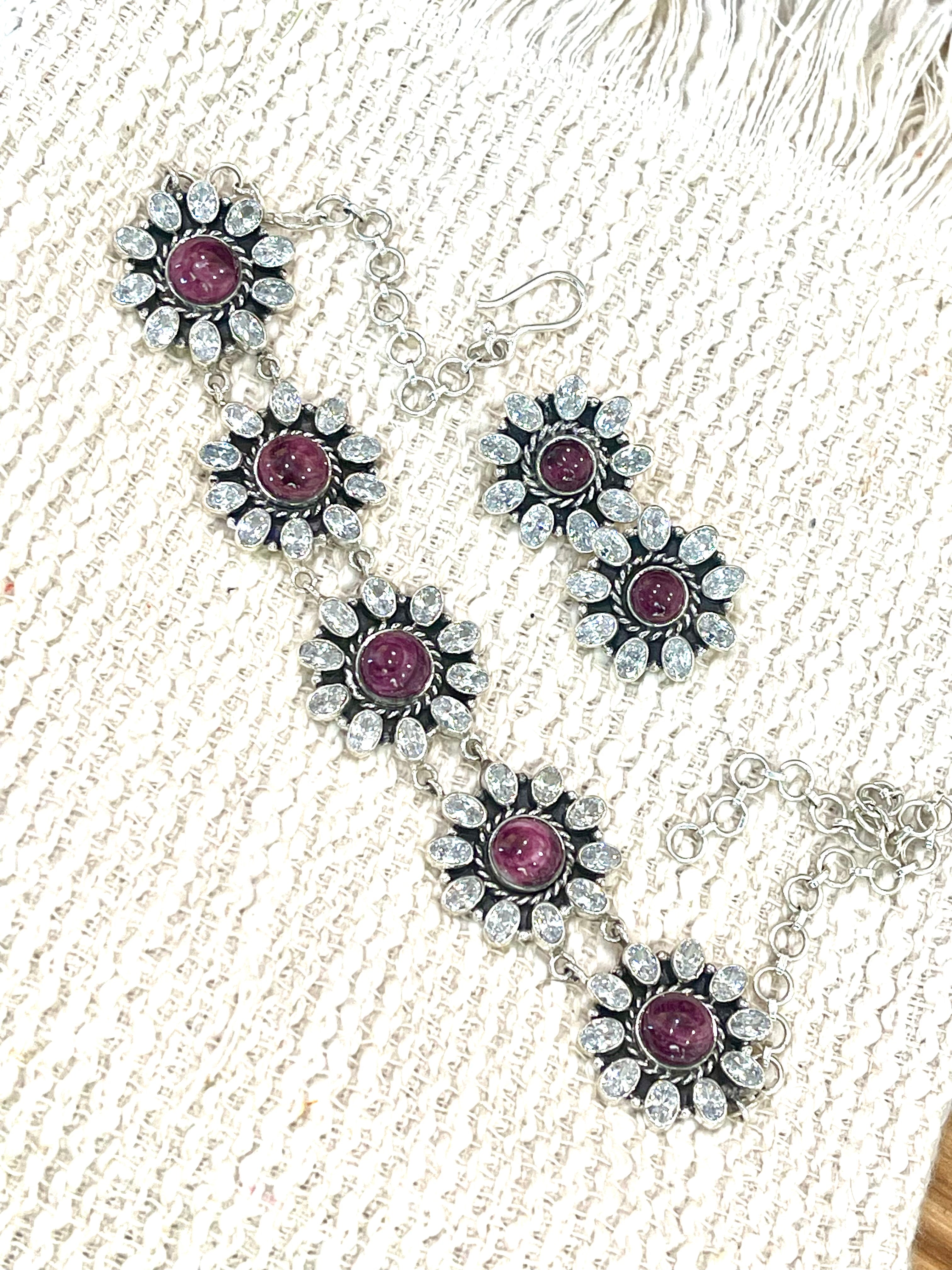 Handmade Sterling Silver, Purple Spiny & Cubic Zirconia Necklace And Earrings Set Signed Nizhoni