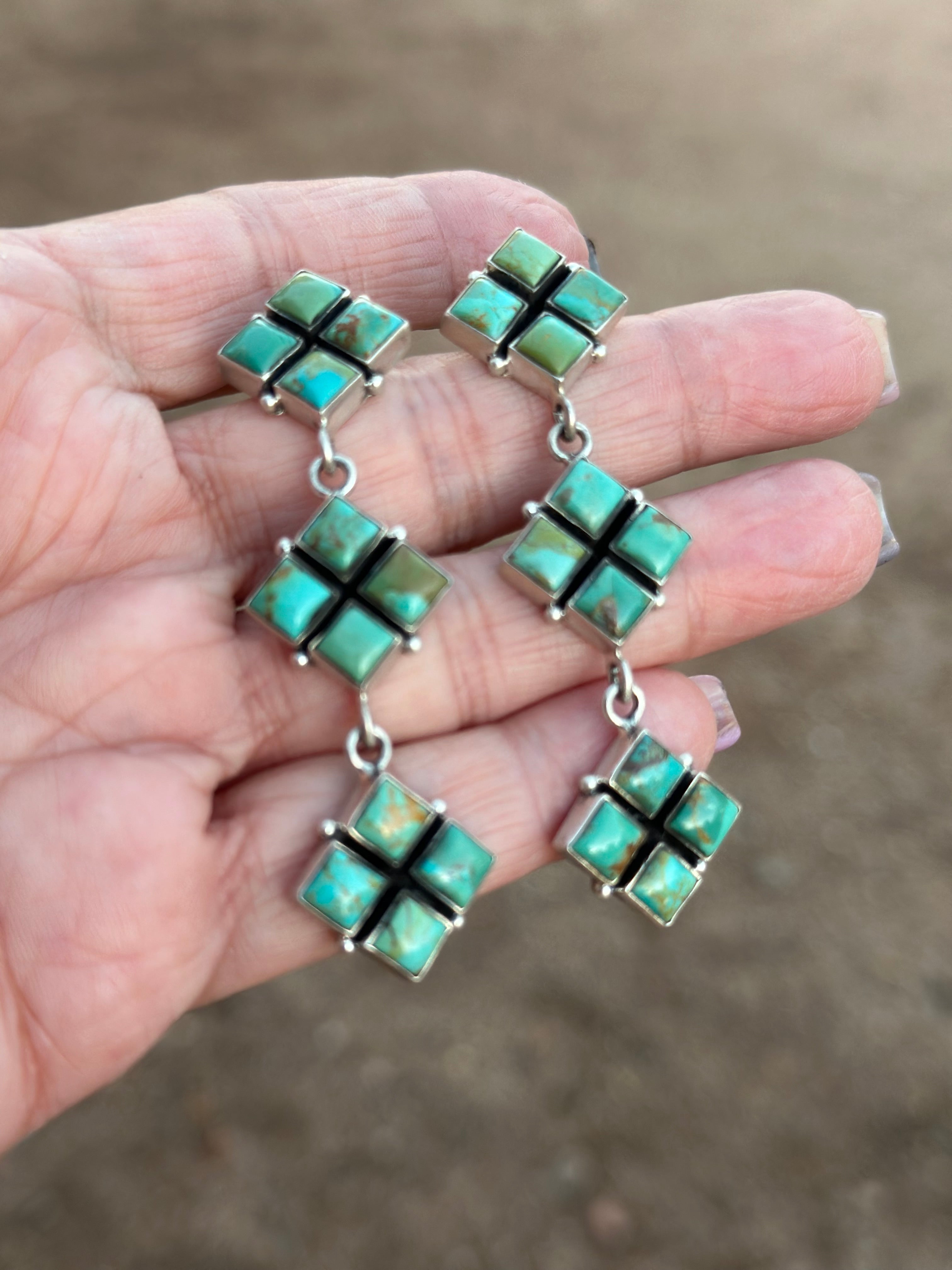 Handmade Royston Turquoise and Sterling Silver Post Dangle Earrings