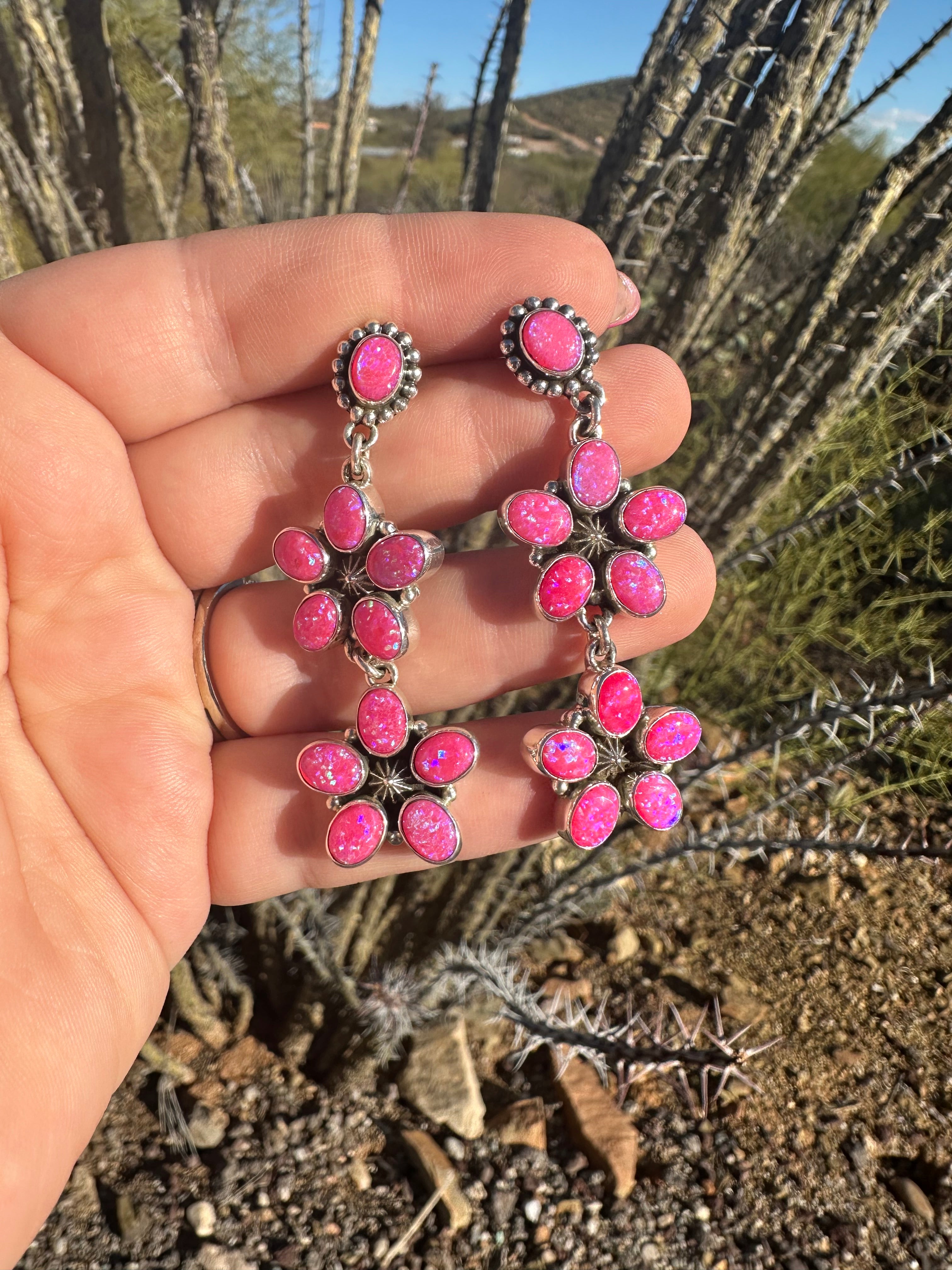 Handmade Hot Pink Fire Opal and Sterling Silver Dangle Earrings