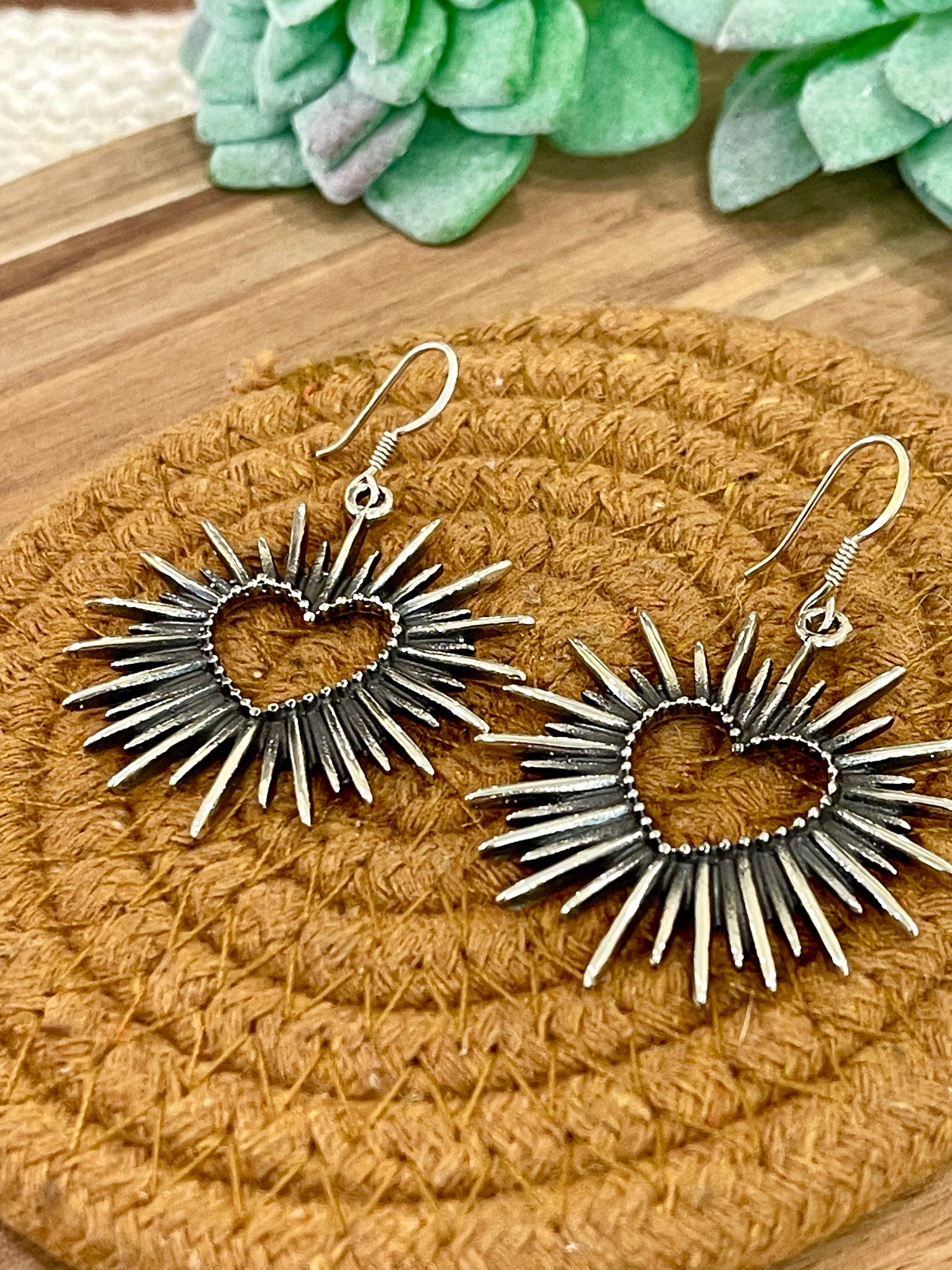 Handmade In Mexico Sterling Silver , Heart Dangle Earrings