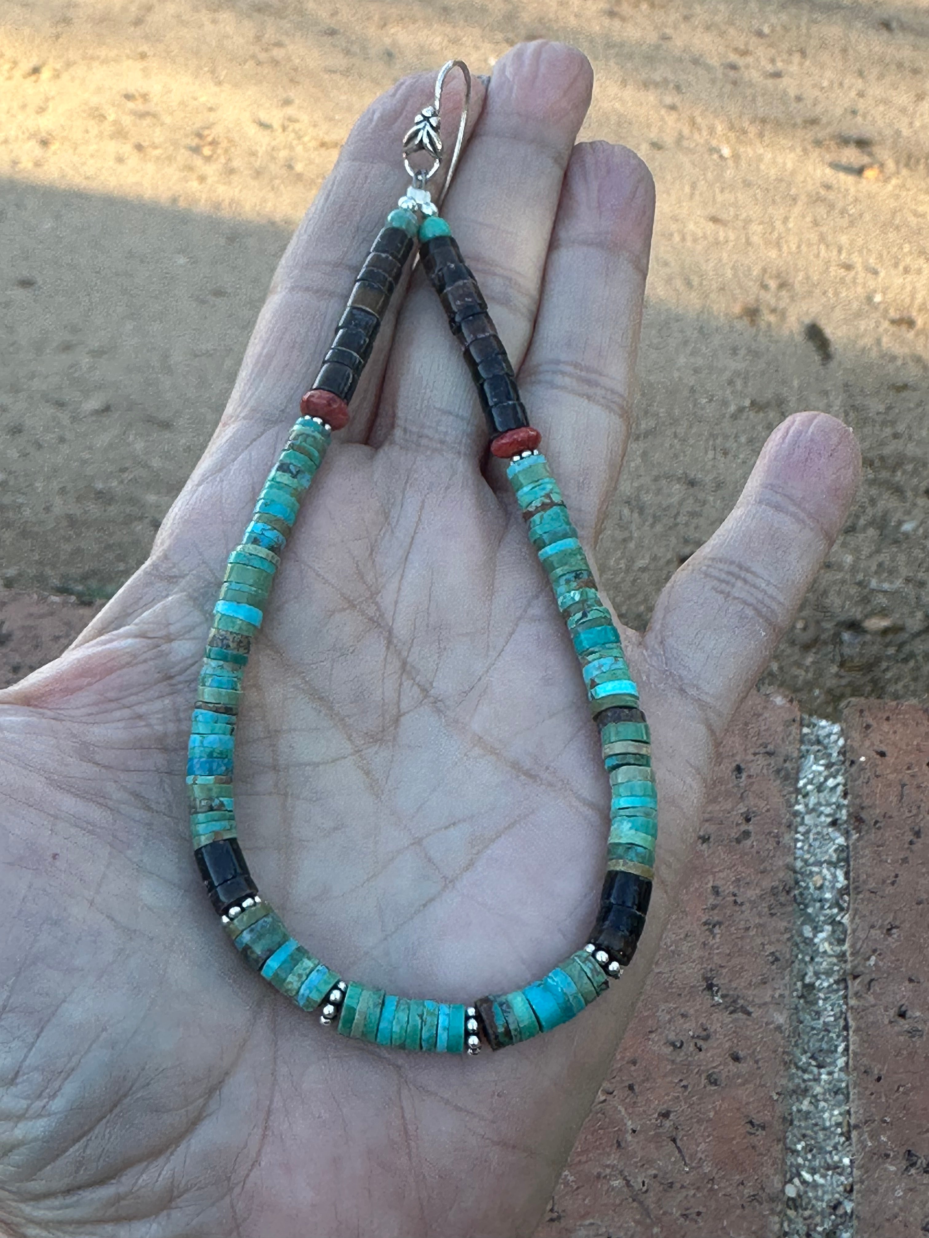 Handmade Turquoise & Heishi Beaded Hoop Earrings 5”