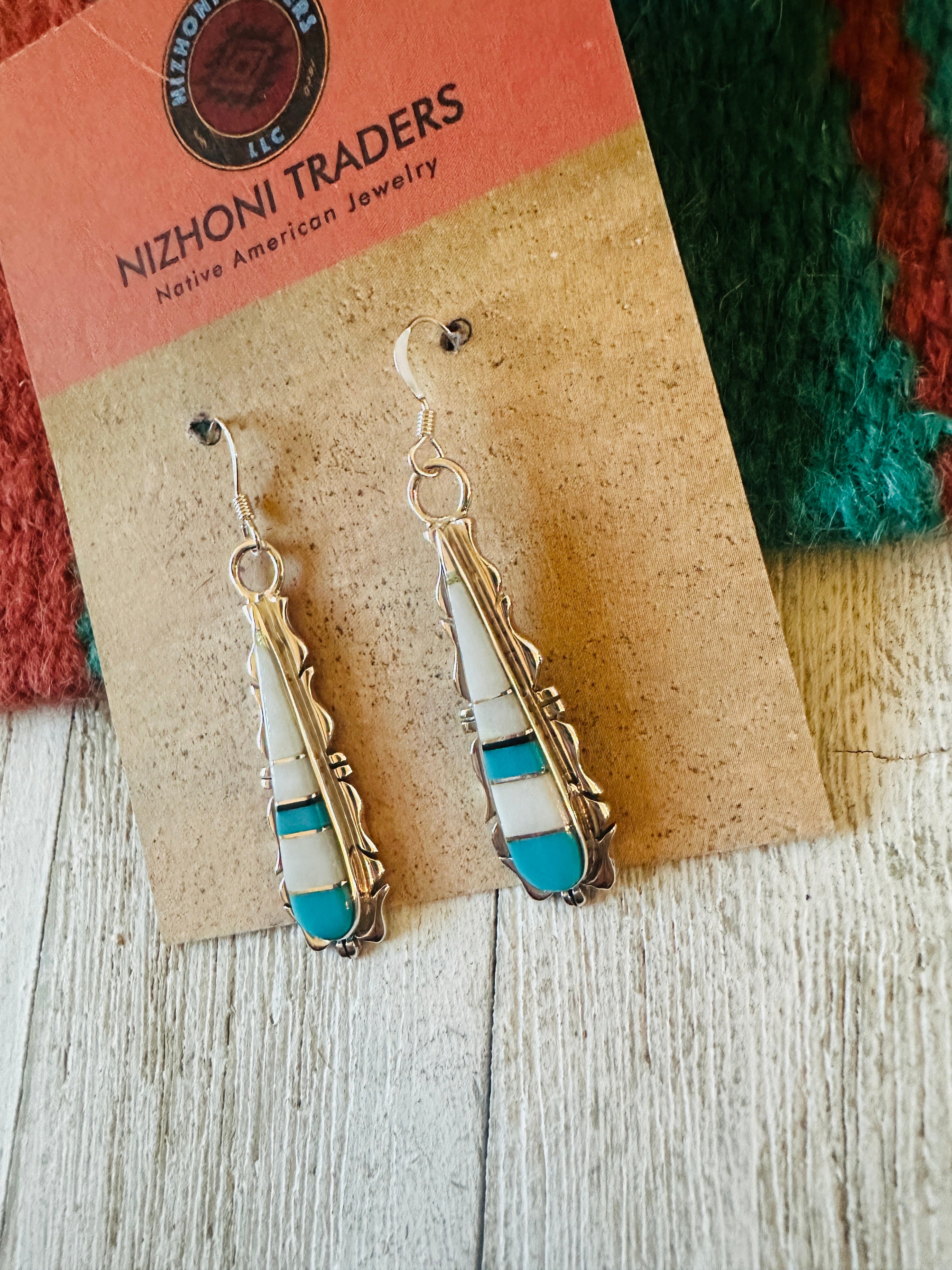 Navajo Sterling Silver & Multi Stone Inlay Dangle Earrings