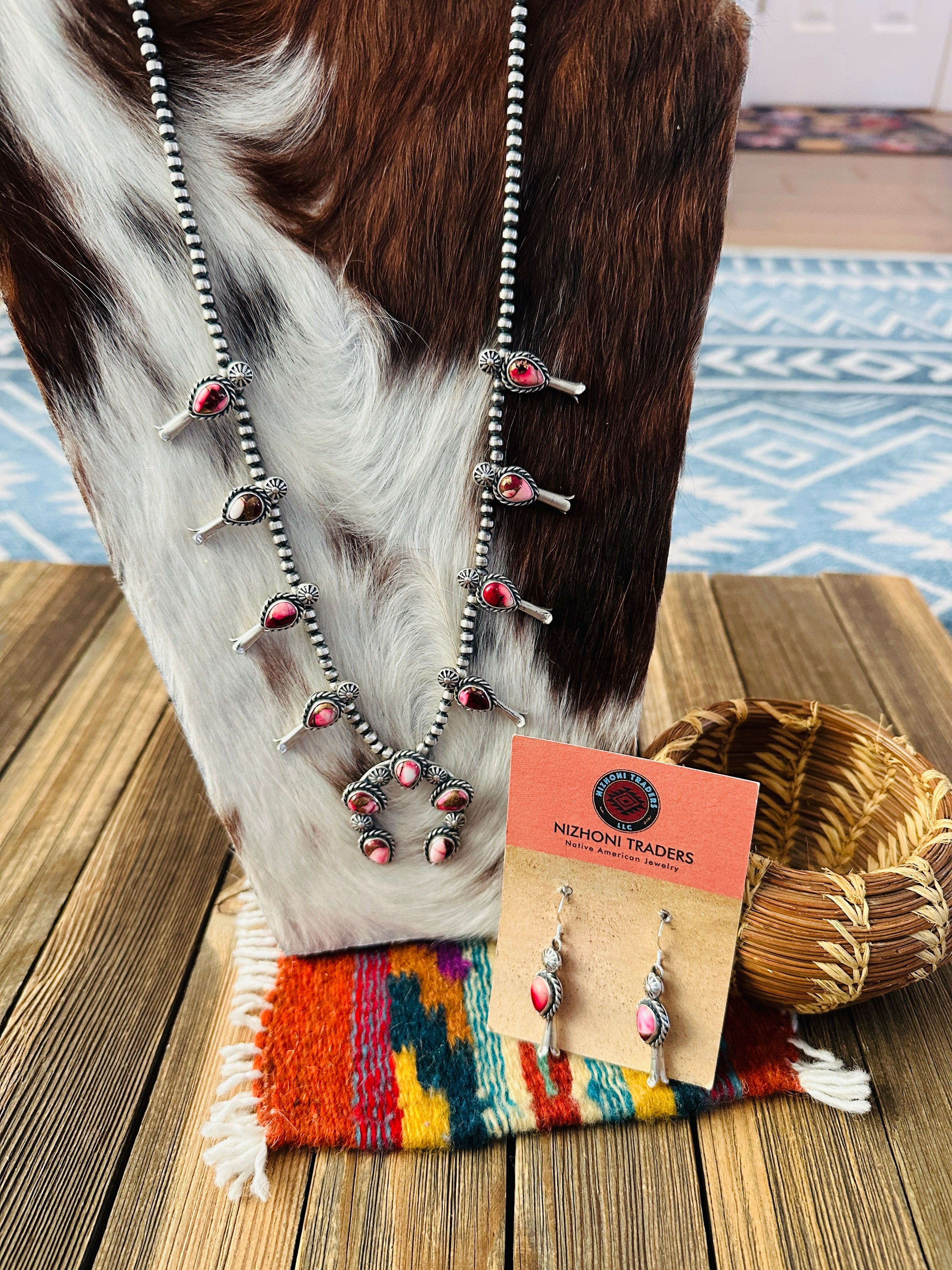 Handcrafted Sterling Silver & Rose Dahlia Squash Blossom Necklace Set