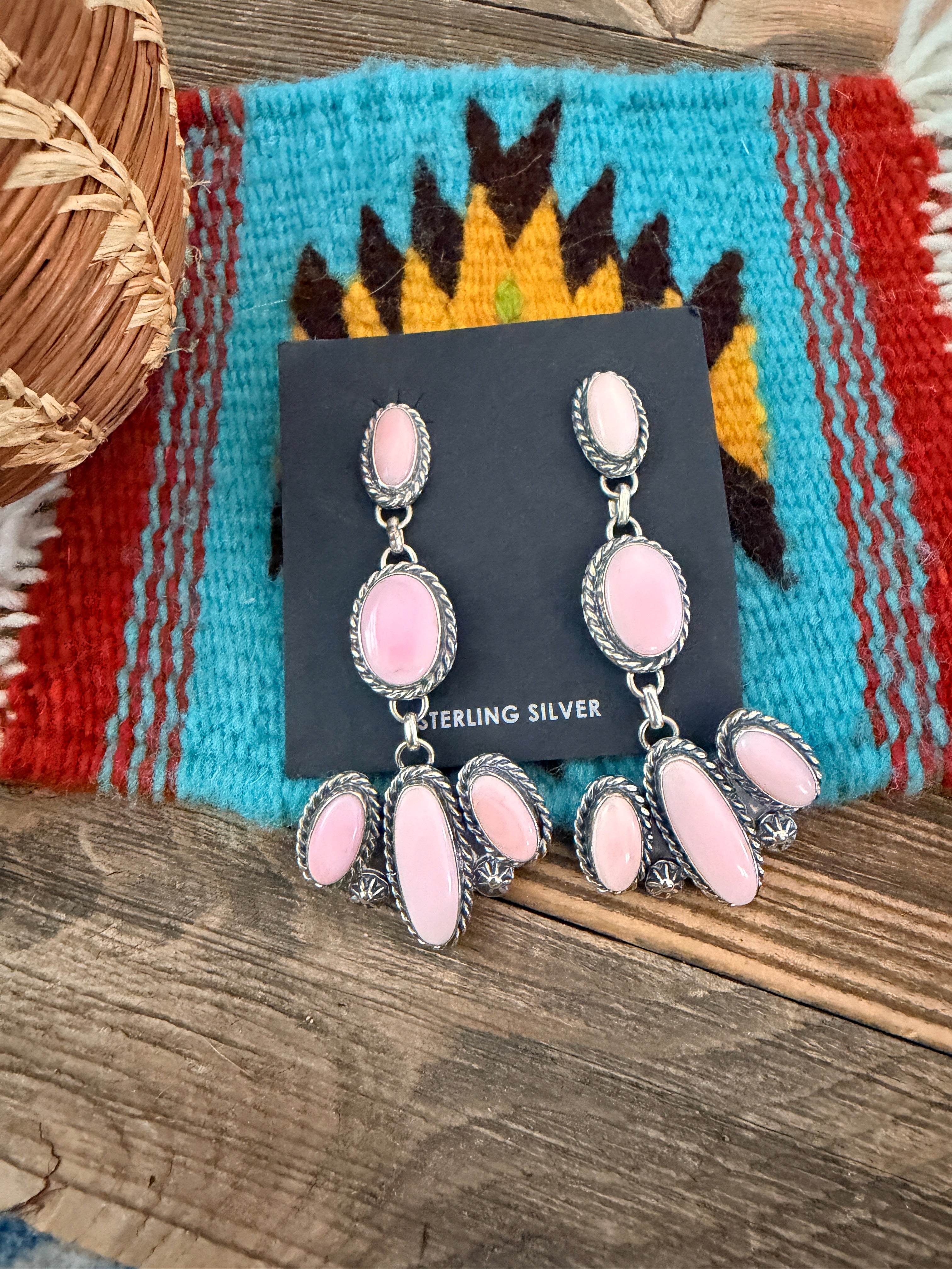 Handcrafted Queen Pink Conch & Sterling Silver Cluster Dangle Earrings