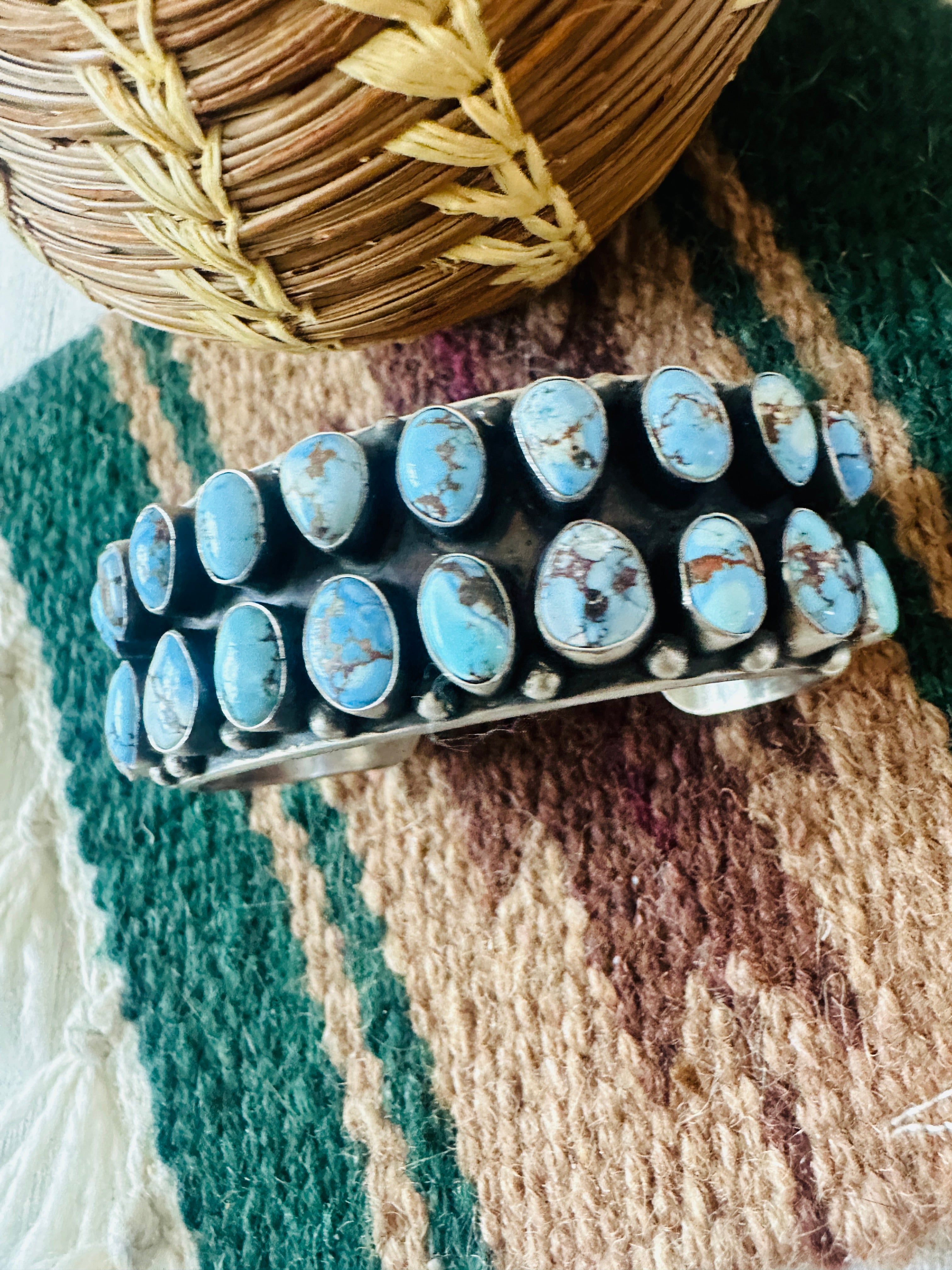 Navajo Sterling Silver & Golden Hills Turquoise Cluster Cuff Bracelet by Darrin Livingston