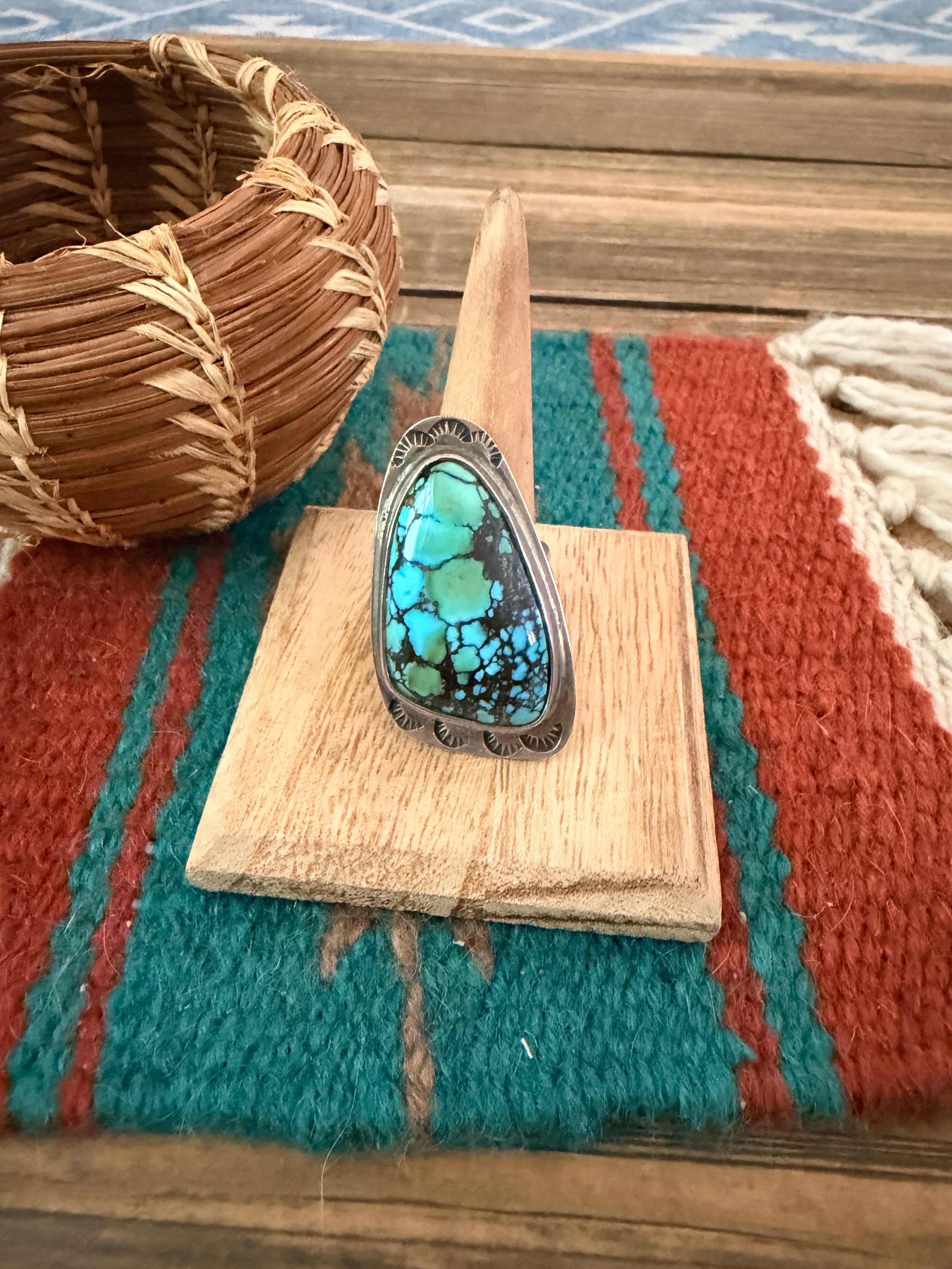 Old Pawn Handcrafted Hubei Turquoise & Sterling Silver Ring Size 10.25