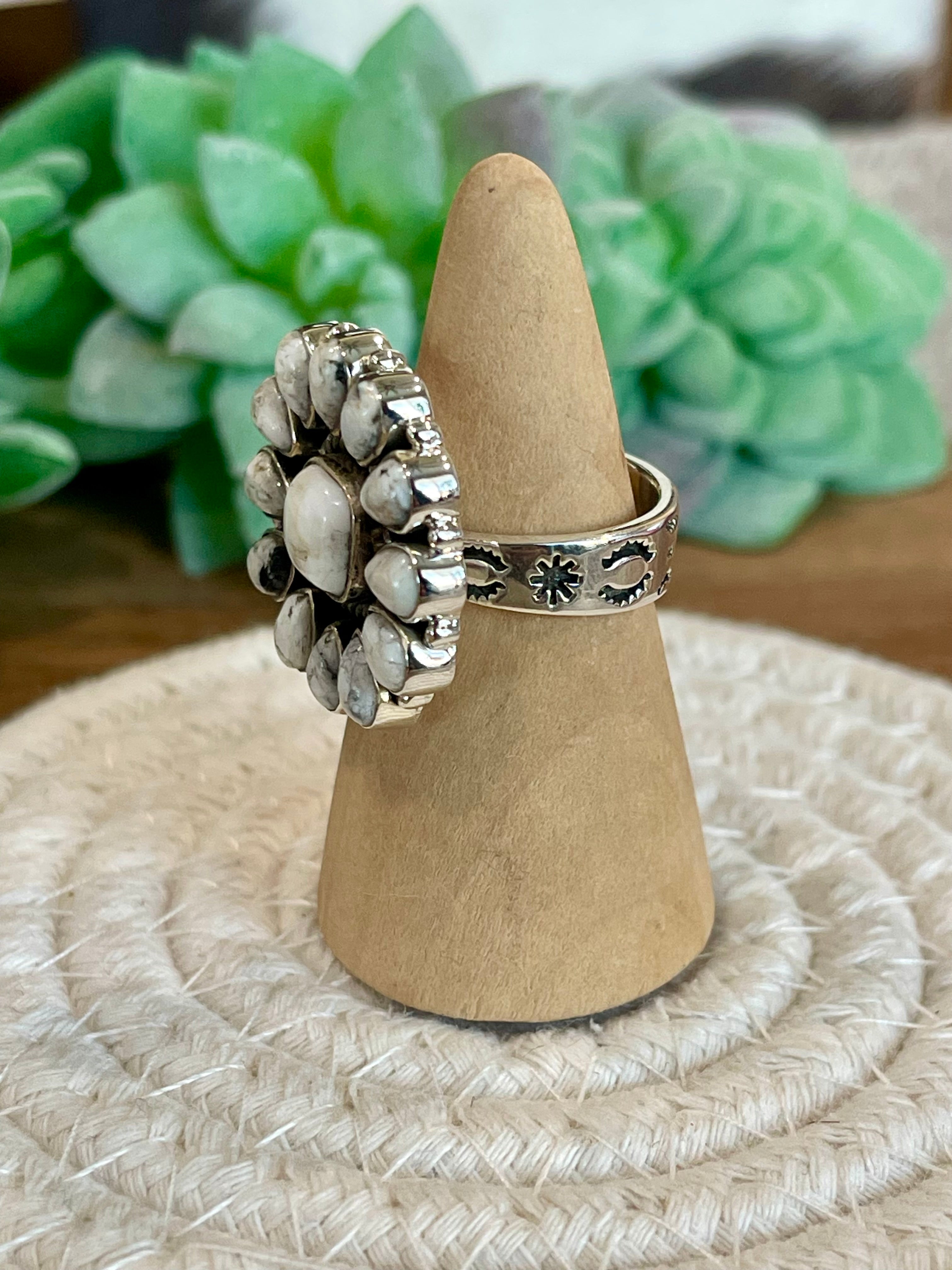 Beautiful Handmade White Buffalo And Sterling Silver Adjustable Cluster Ring