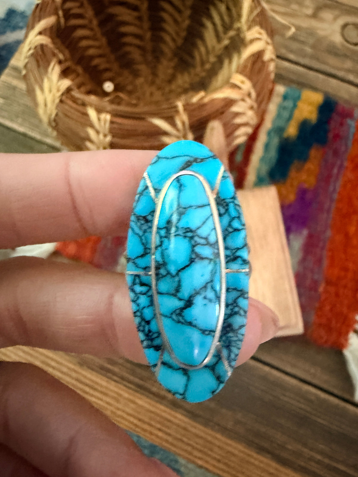 Old Pawn Handcrafted Turquoise & Sterling Silver Inlay Ring Size 11.5