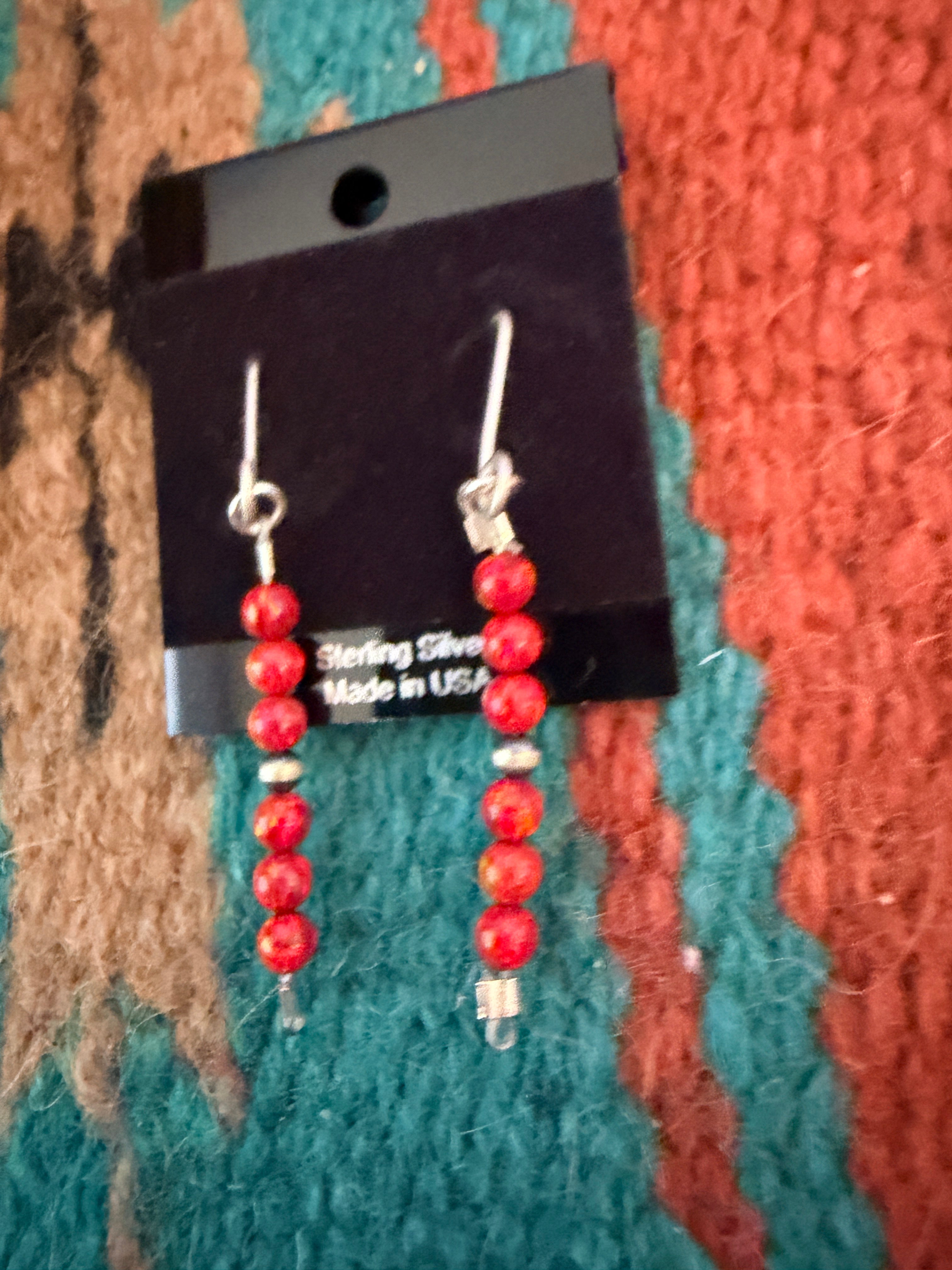 Handmade Sterling Silver and Red Fire Opal Beaded Dangle Earrings