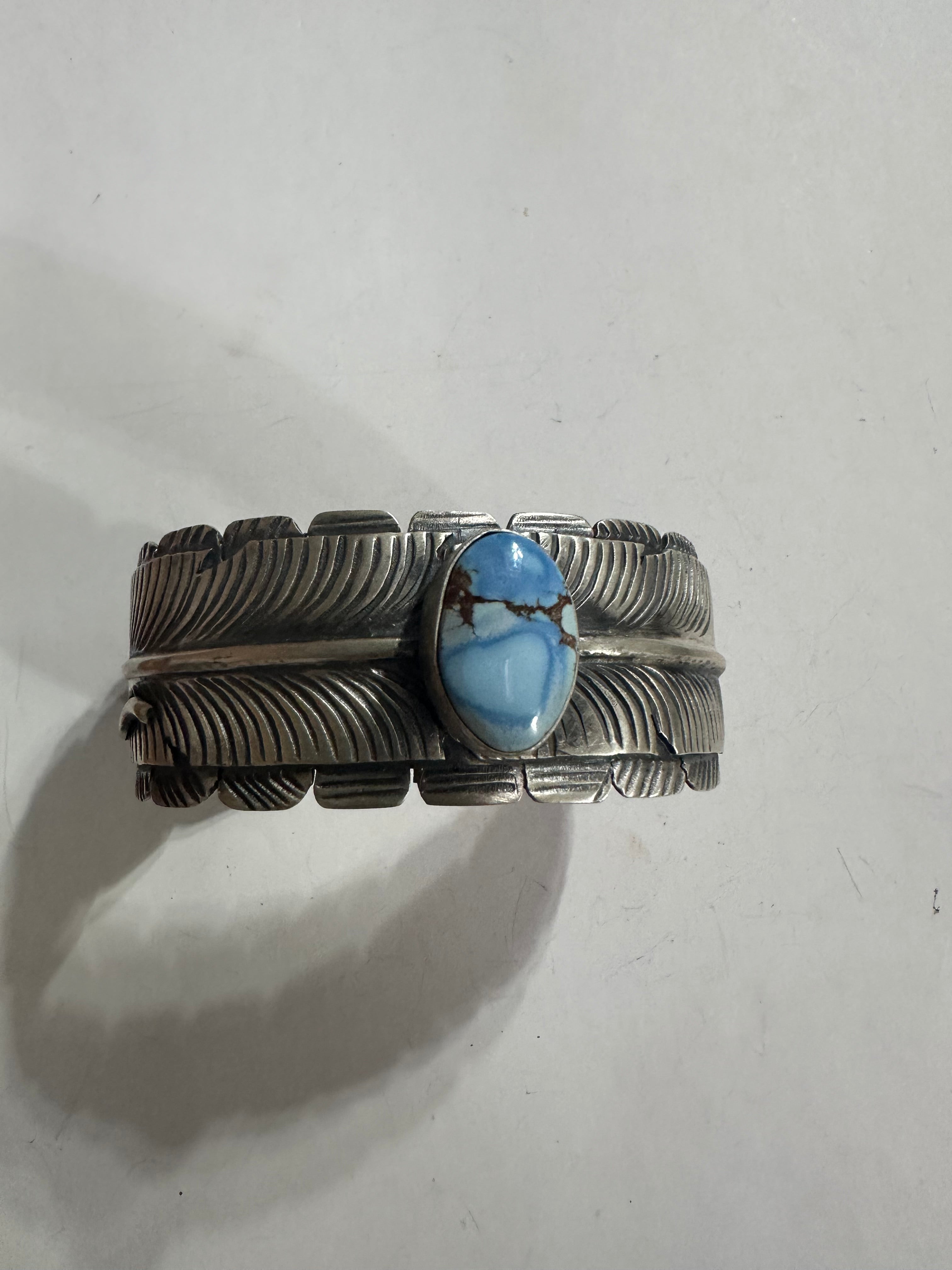 Navajo Golden Hill Turquoise & Sterling Silver Cuff Bracelet Signed KM