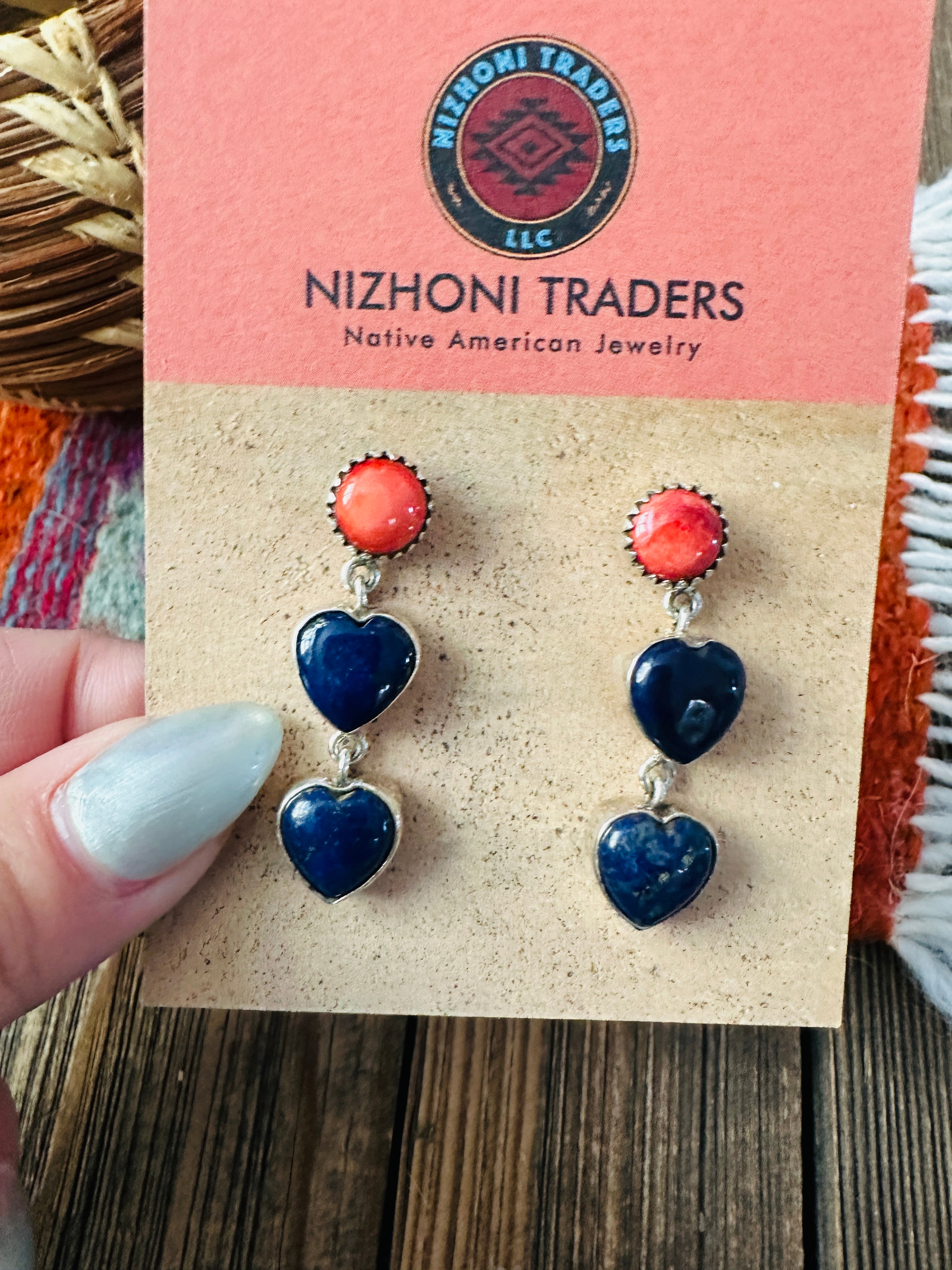 Handcrafted Lapis, Spiny & Sterling Silver Heart Dangle Earrings