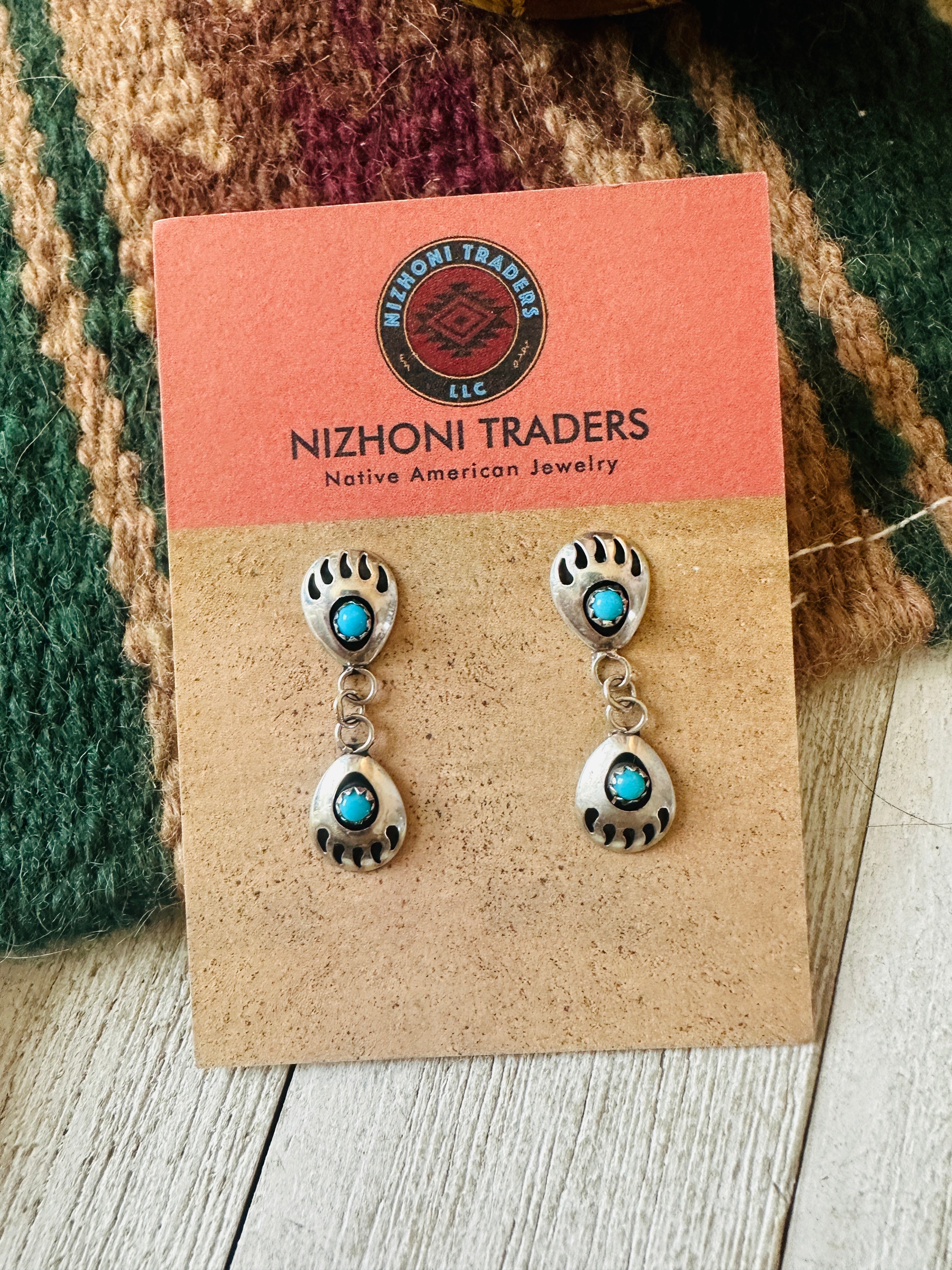 Navajo Turquoise & Sterling Silver Bear Paw Dangle Earrings