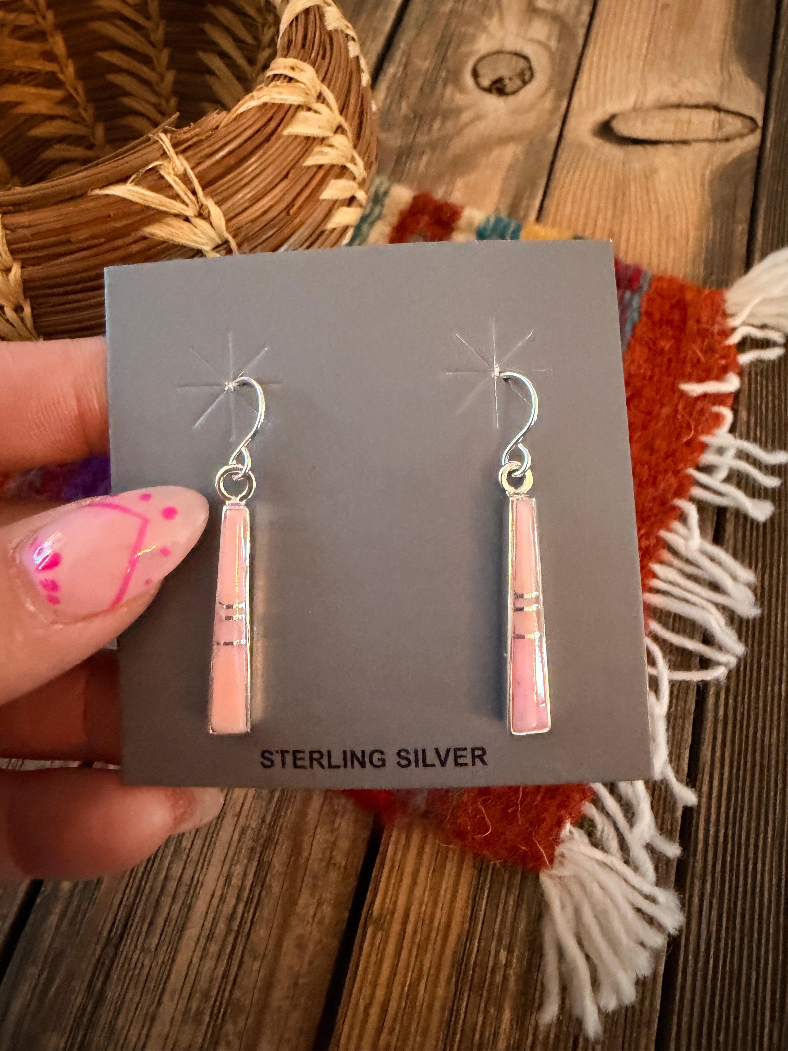 Handcrafted Queen Pink Conch & Sterling Silver Inlay Dangle Earrings by Rick Tolino