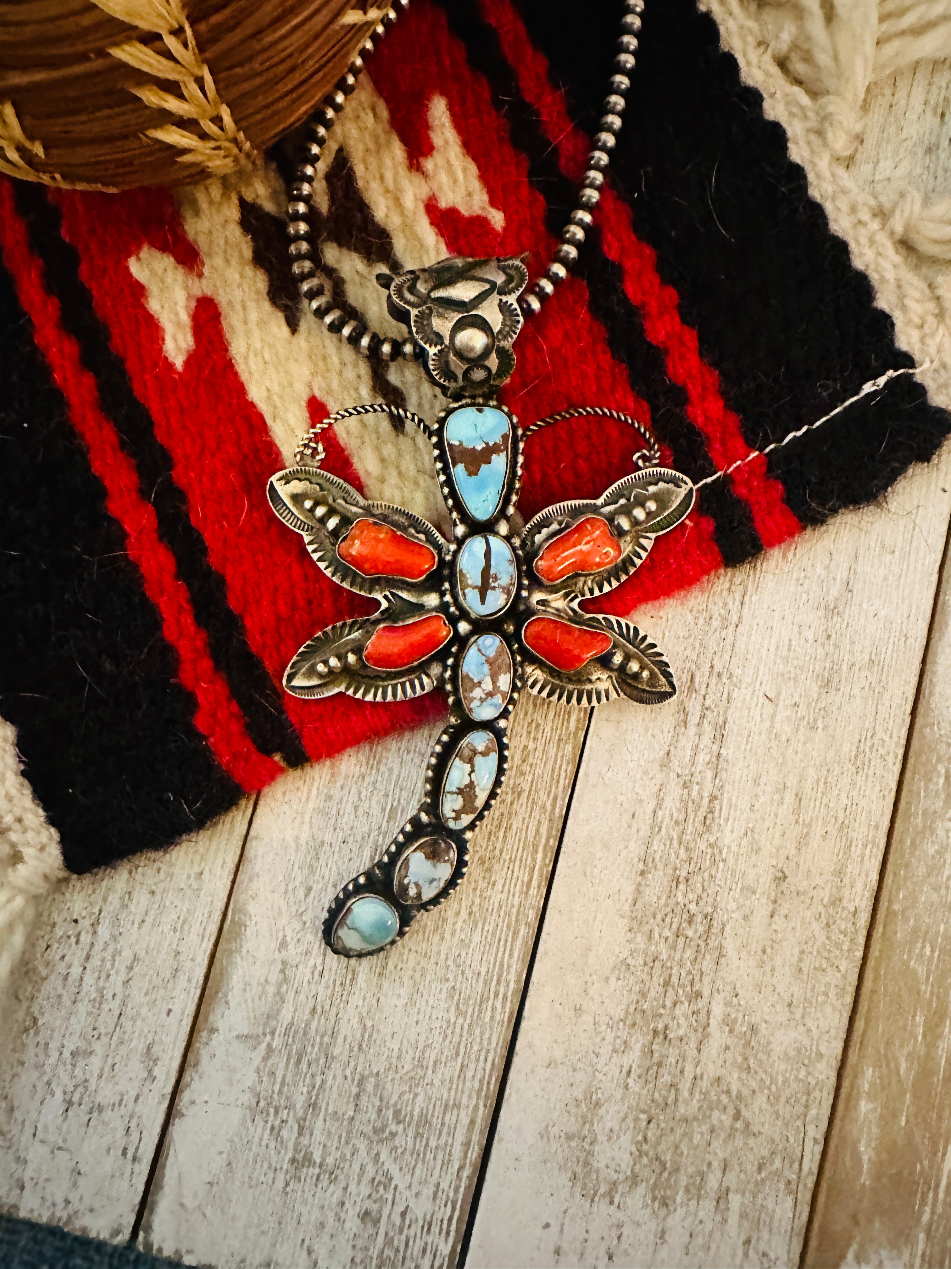 Navajo Turquoise, Coral & Sterling Silver Dragonfly Pendant By Shawn Cayatineto