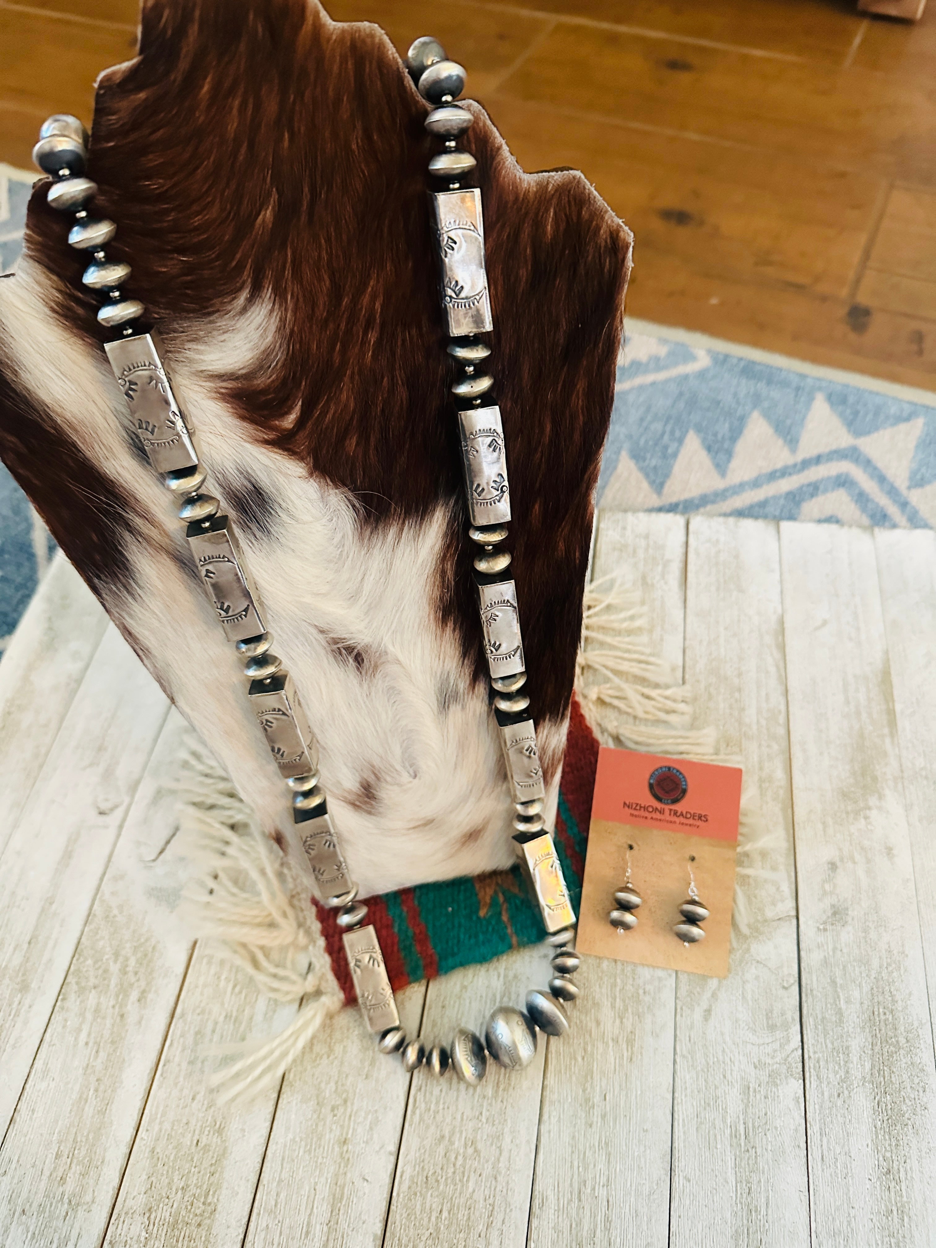 Handcrafted & Hand Stamped Sterling Silver Beaded Necklace & Earring Set
