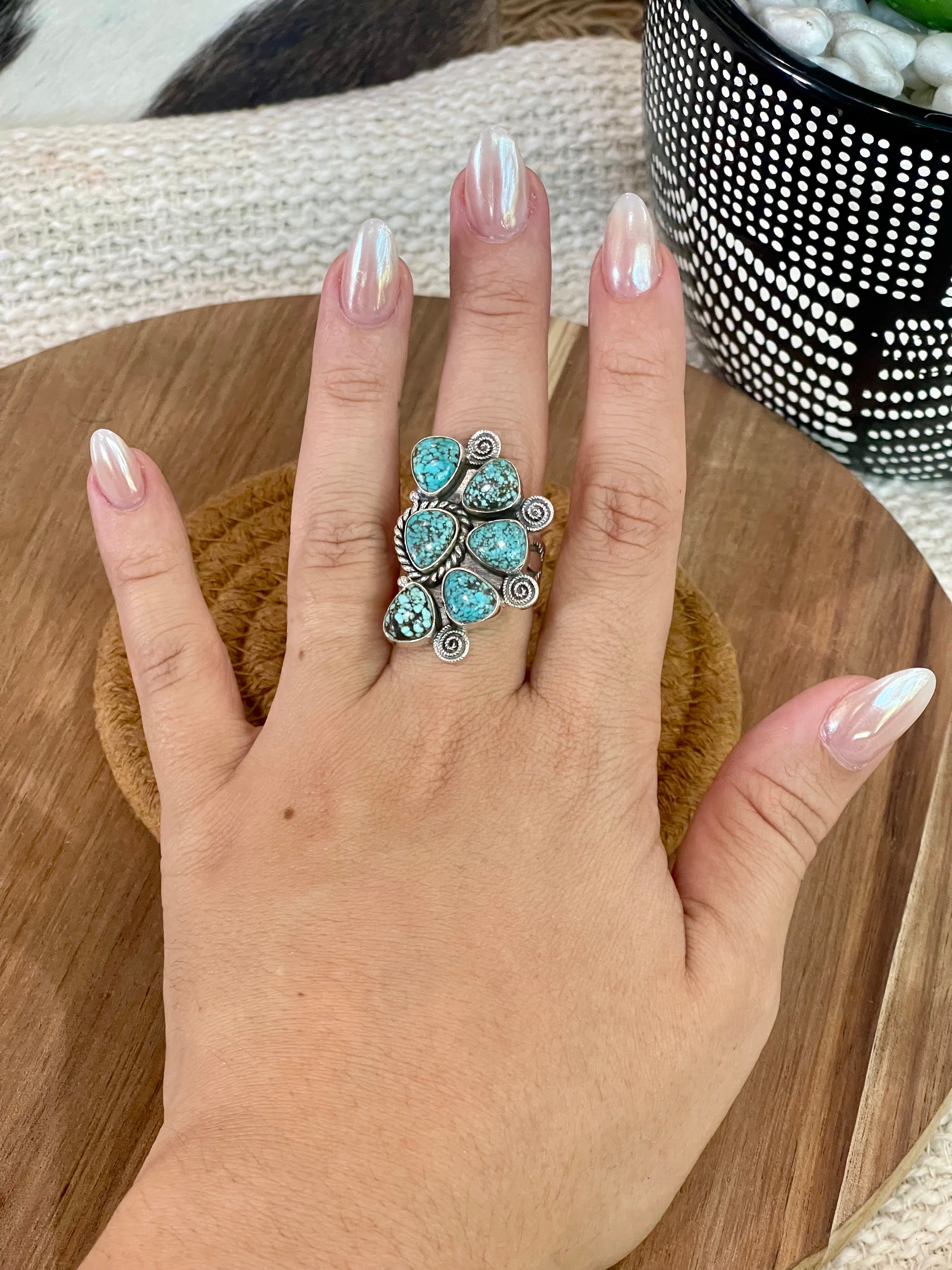 Beautiful Handmade Sterling Silver & Number 8 Turquoise Adjustable Cluster Ring