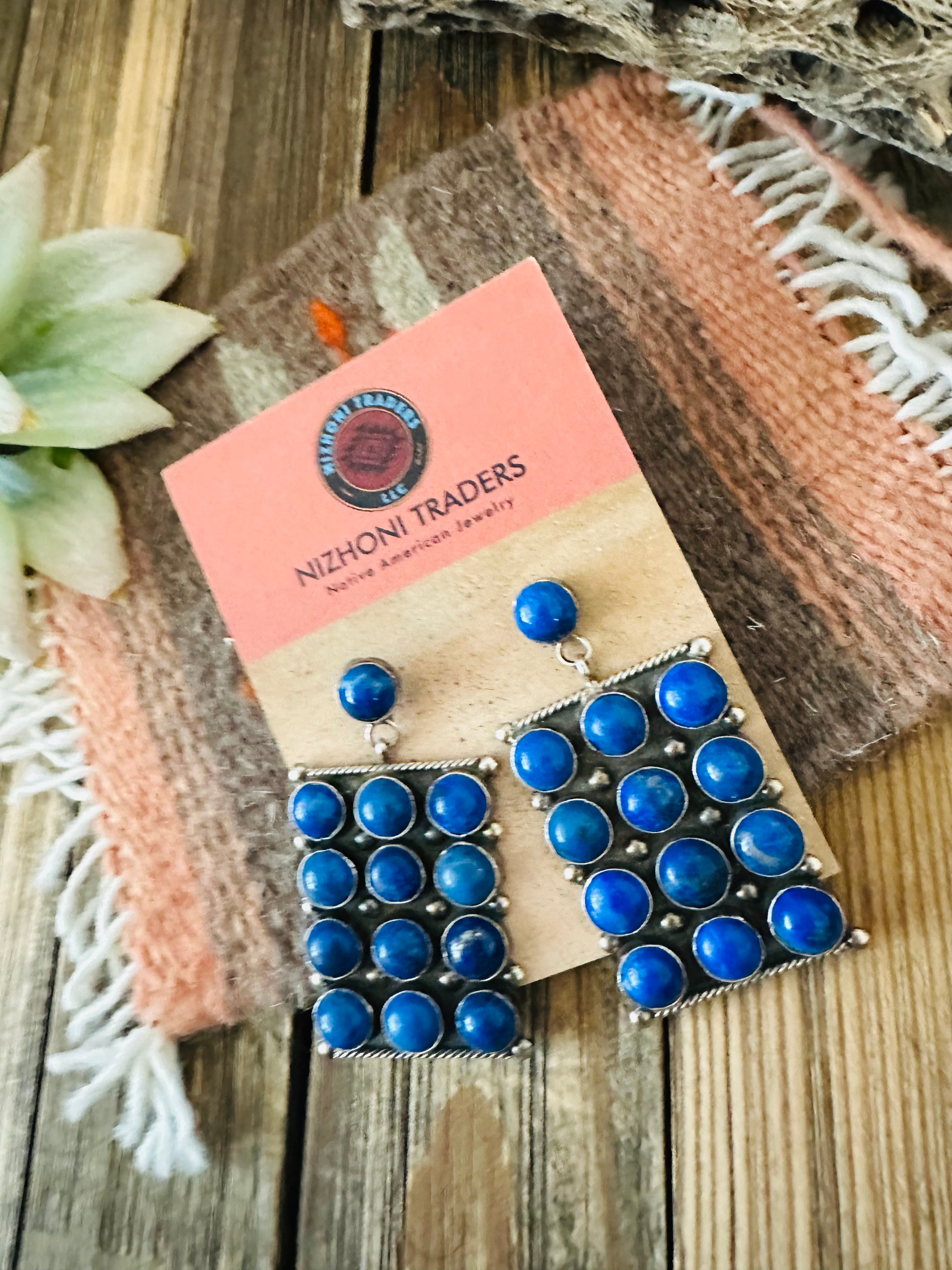 Navajo Lapis & Sterling Silver Cluster Dangle Earrings