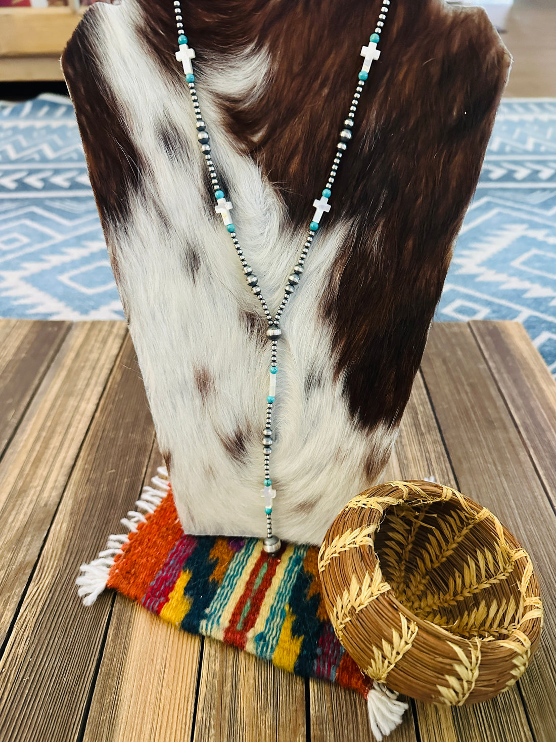 Handcrafted Turquoise, Mother of Pearl & Sterling Silver Pearl 20” Beaded Lariat Necklace