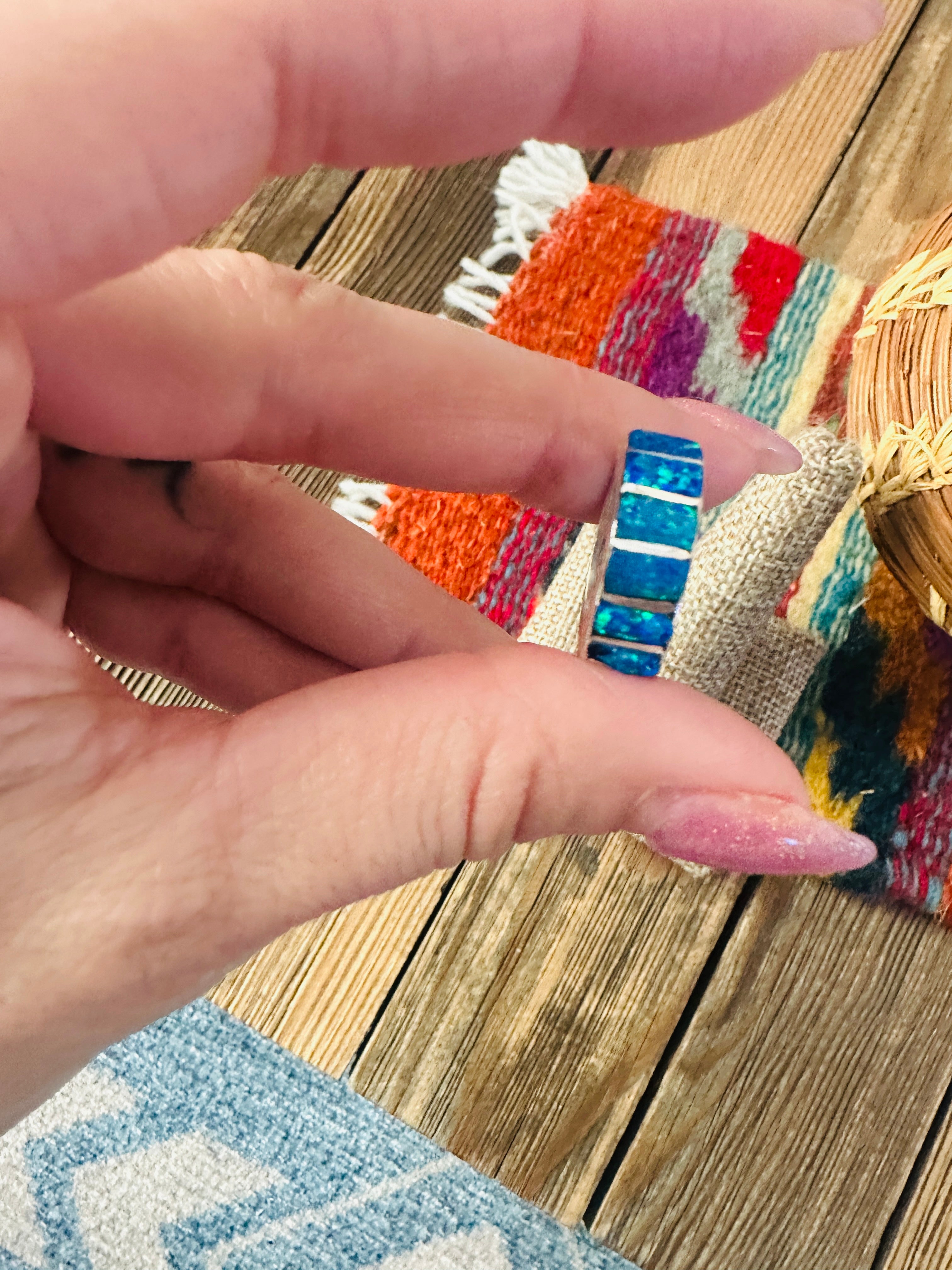 Handcrafted Sterling Silver & Blue Opal Inlay Ring Size 6.5