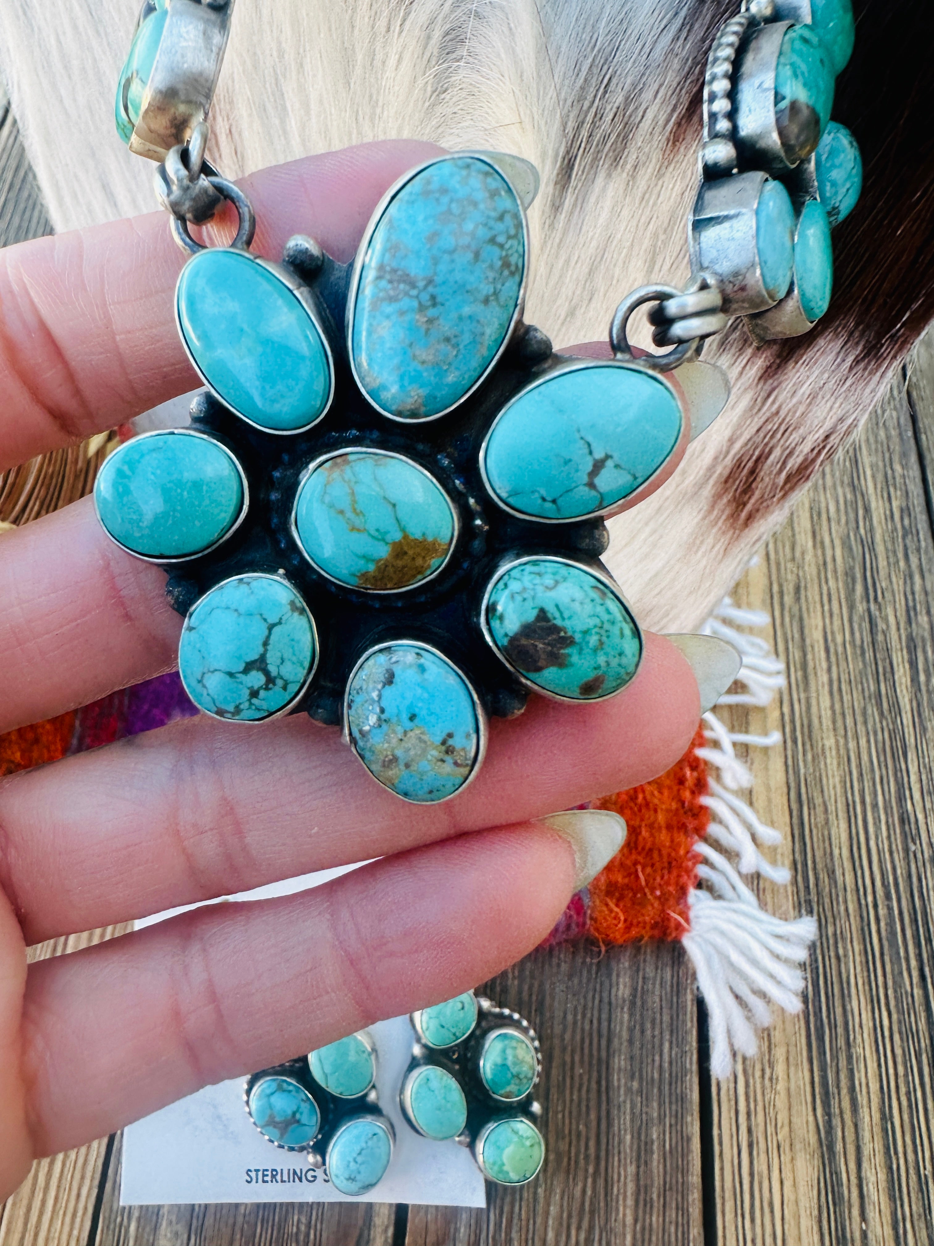 Handcrafted Turquoise & Sterling Silver Cluster Necklace and Earrings Set by Ella Peter