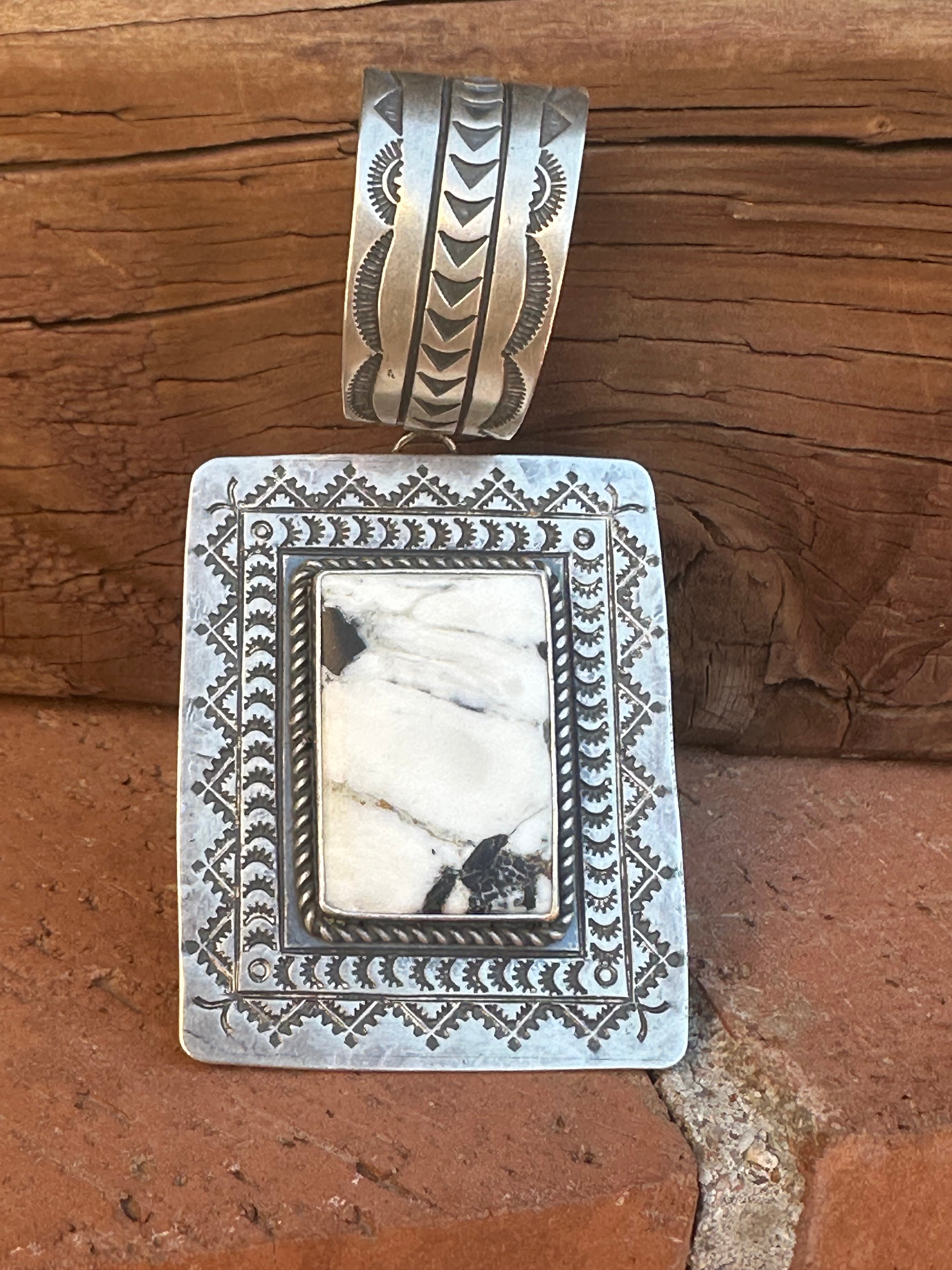 Navajo Hand Stamped Sterling Silver & White Buffalo Concho Pendant