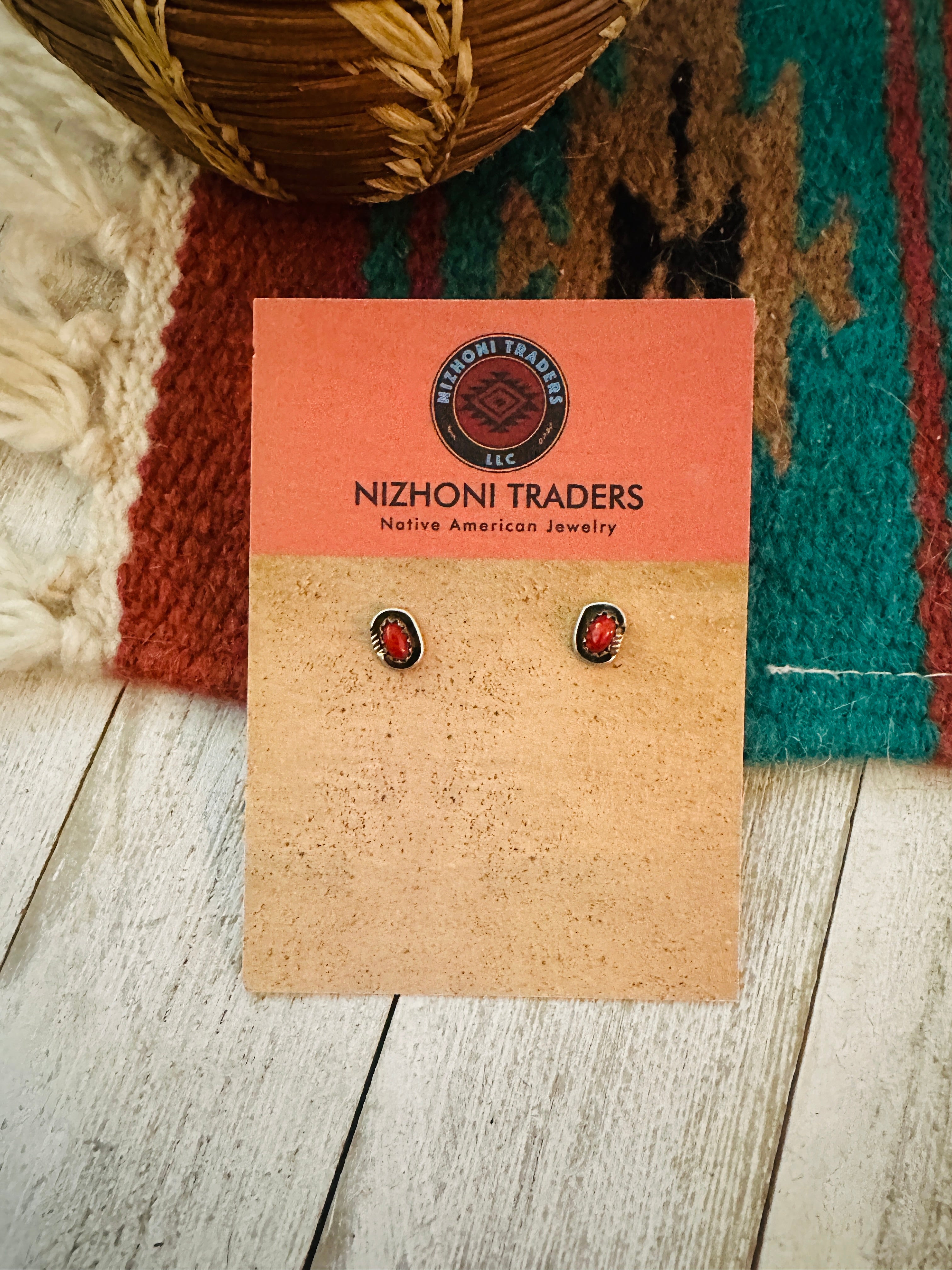 Navajo Coral and Sterling Silver Shadowbox Stud Earrings