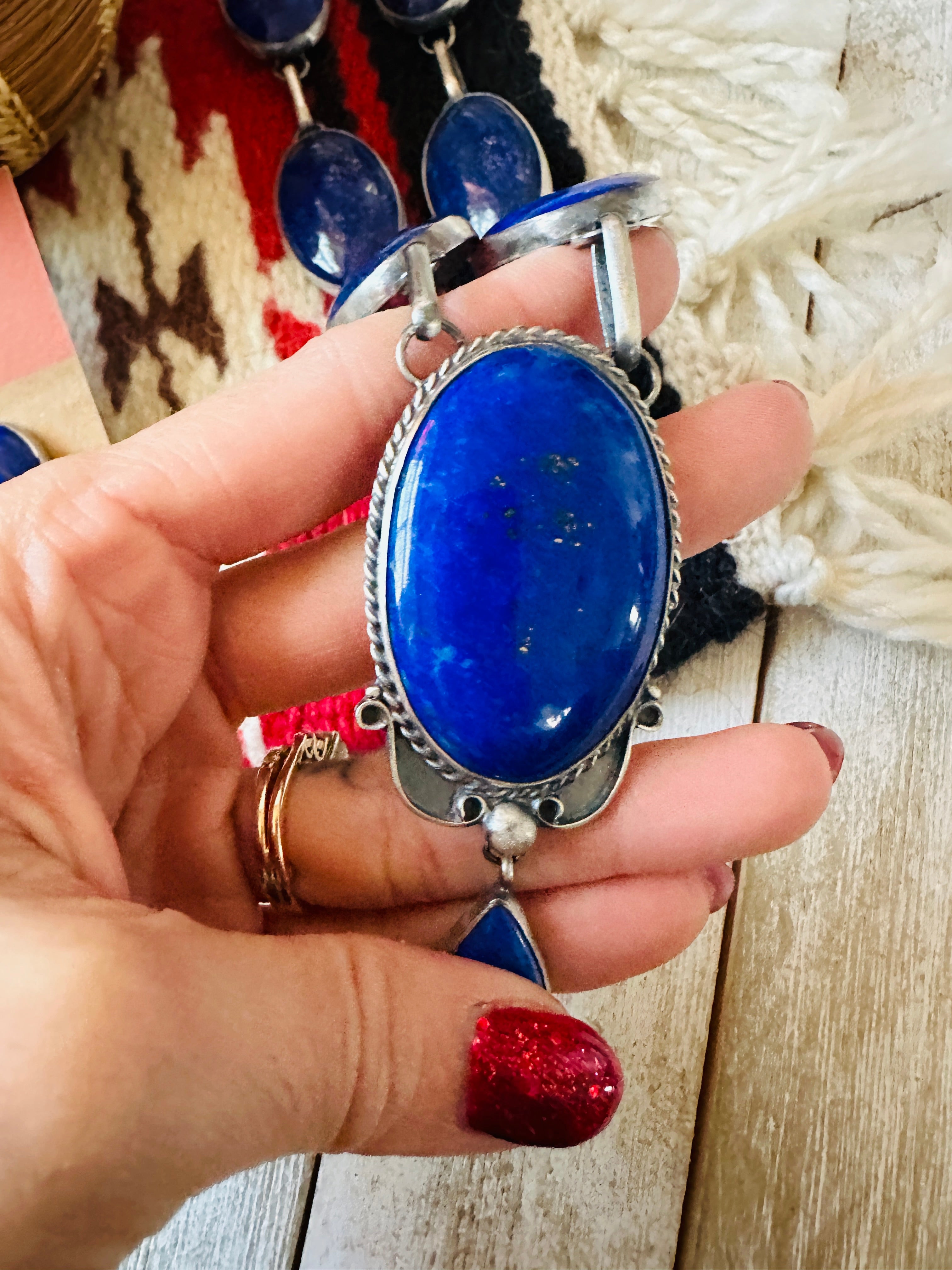 Navajo Lapis & Sterling Silver Cluster Necklace Set by Alex James