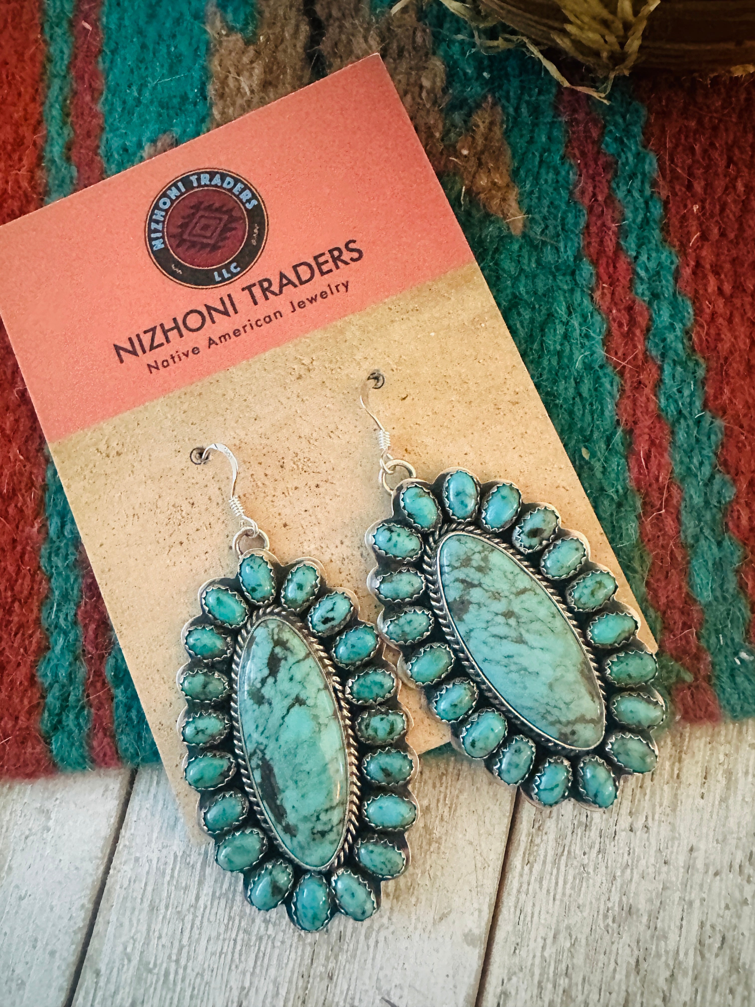 Navajo Sterling Silver & Turquoise Cluster Dangle Earrings