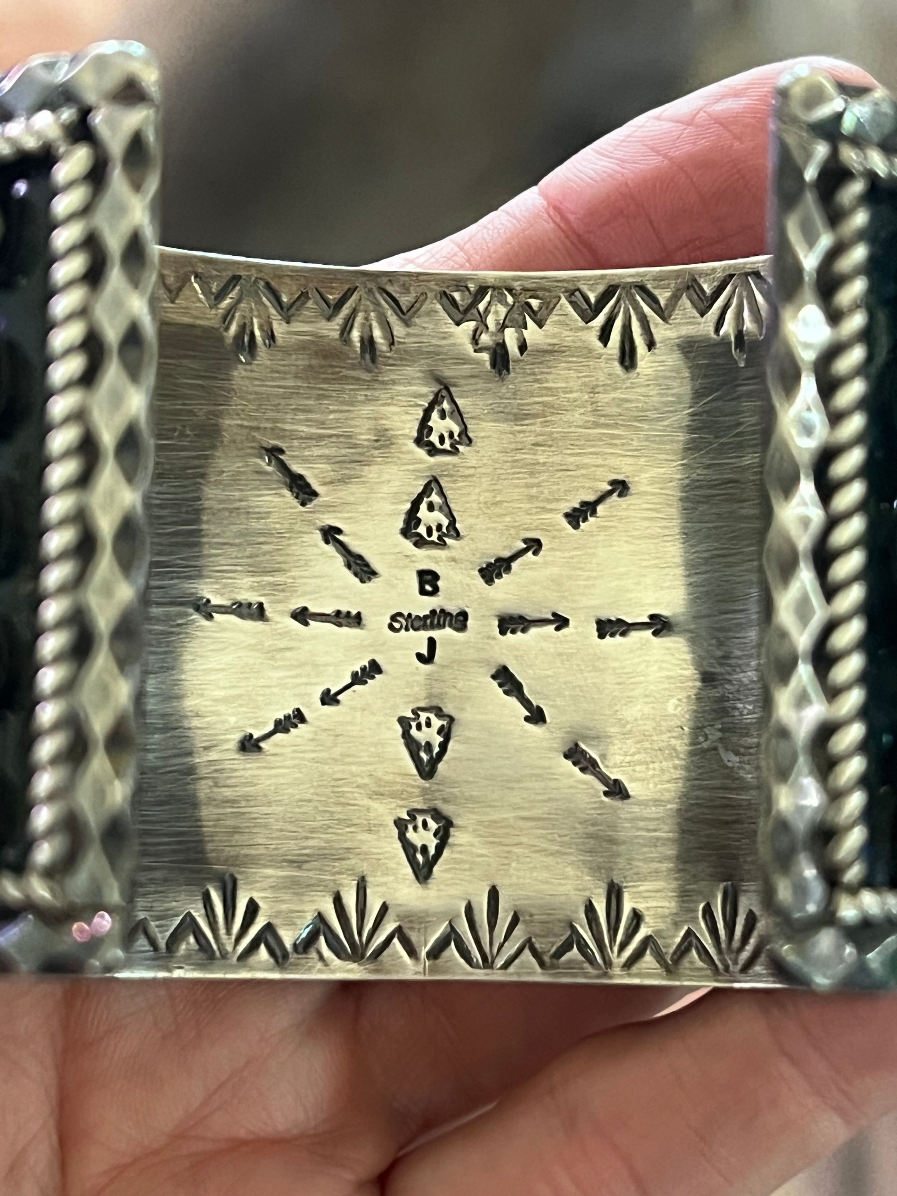 Handcrafted Sterling Silver and Pink Dream Mohave Snake Eye Style Five Row Cuff Bracelet, Signed BJ /