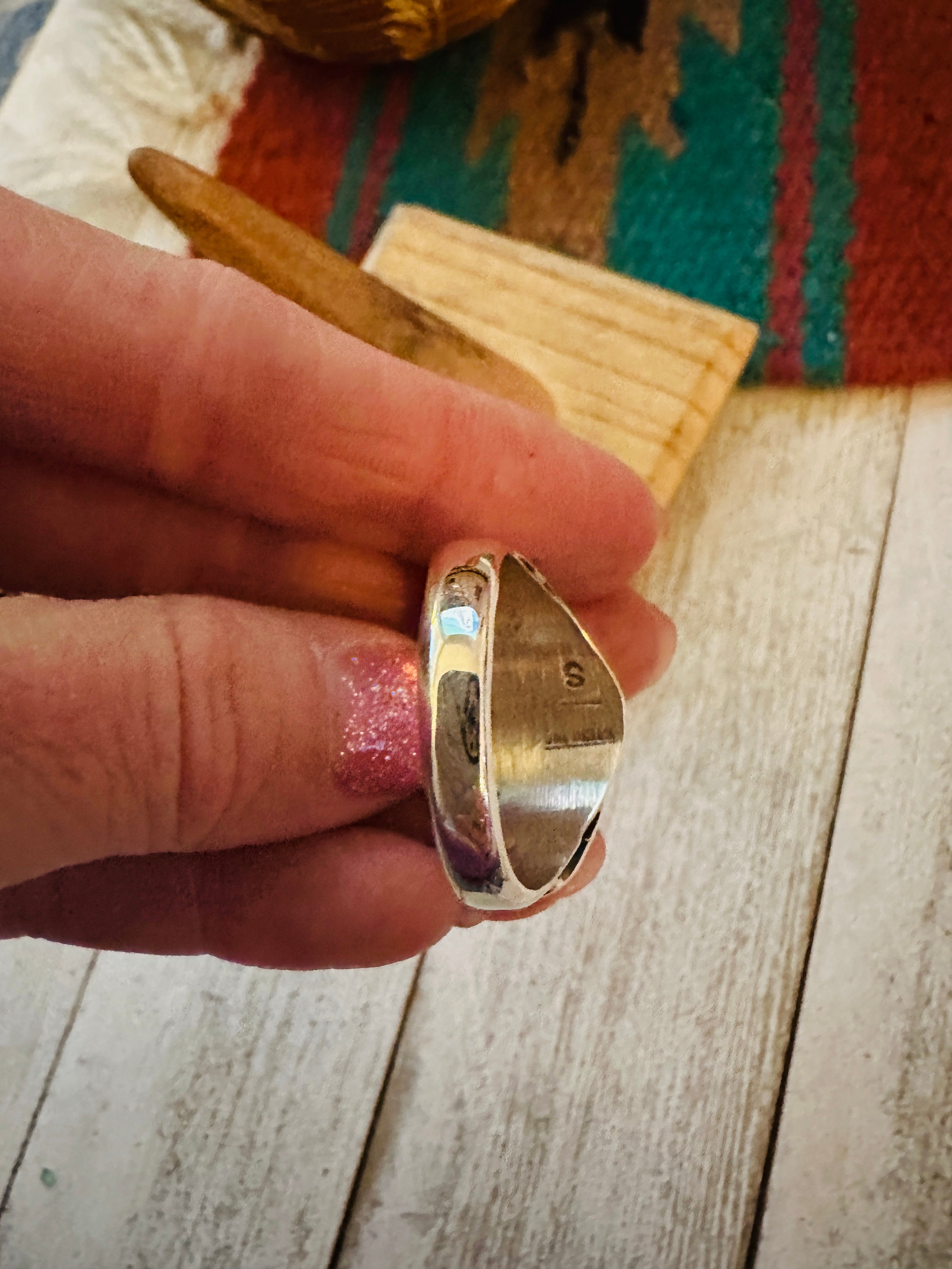 Navajo Turquoise, Coral & Sterling Silver Ring Size 13