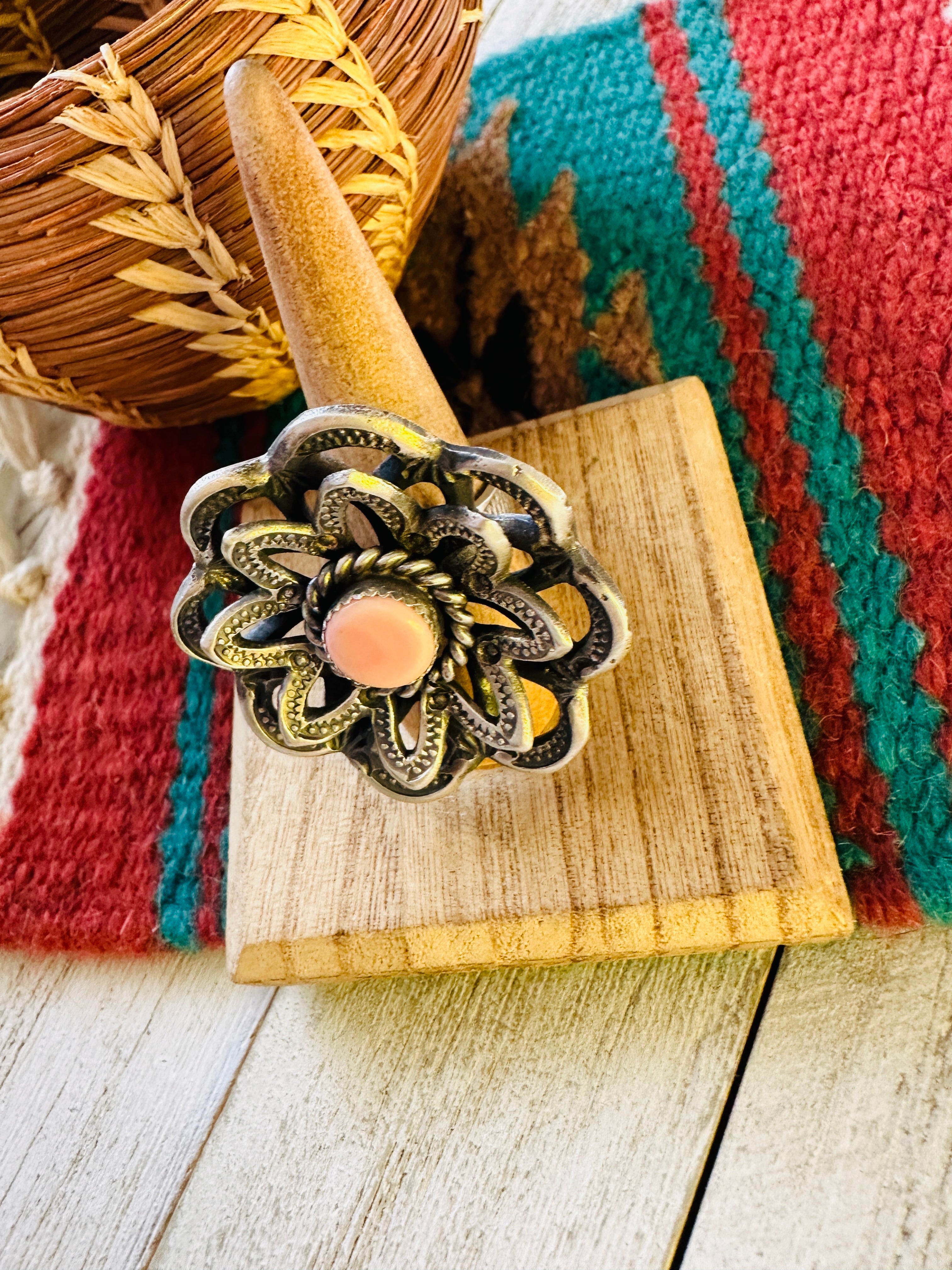 Navajo Sterling Silver & Queen Pink Conch Shell Adjustable Flower Ring by Kevin Billah