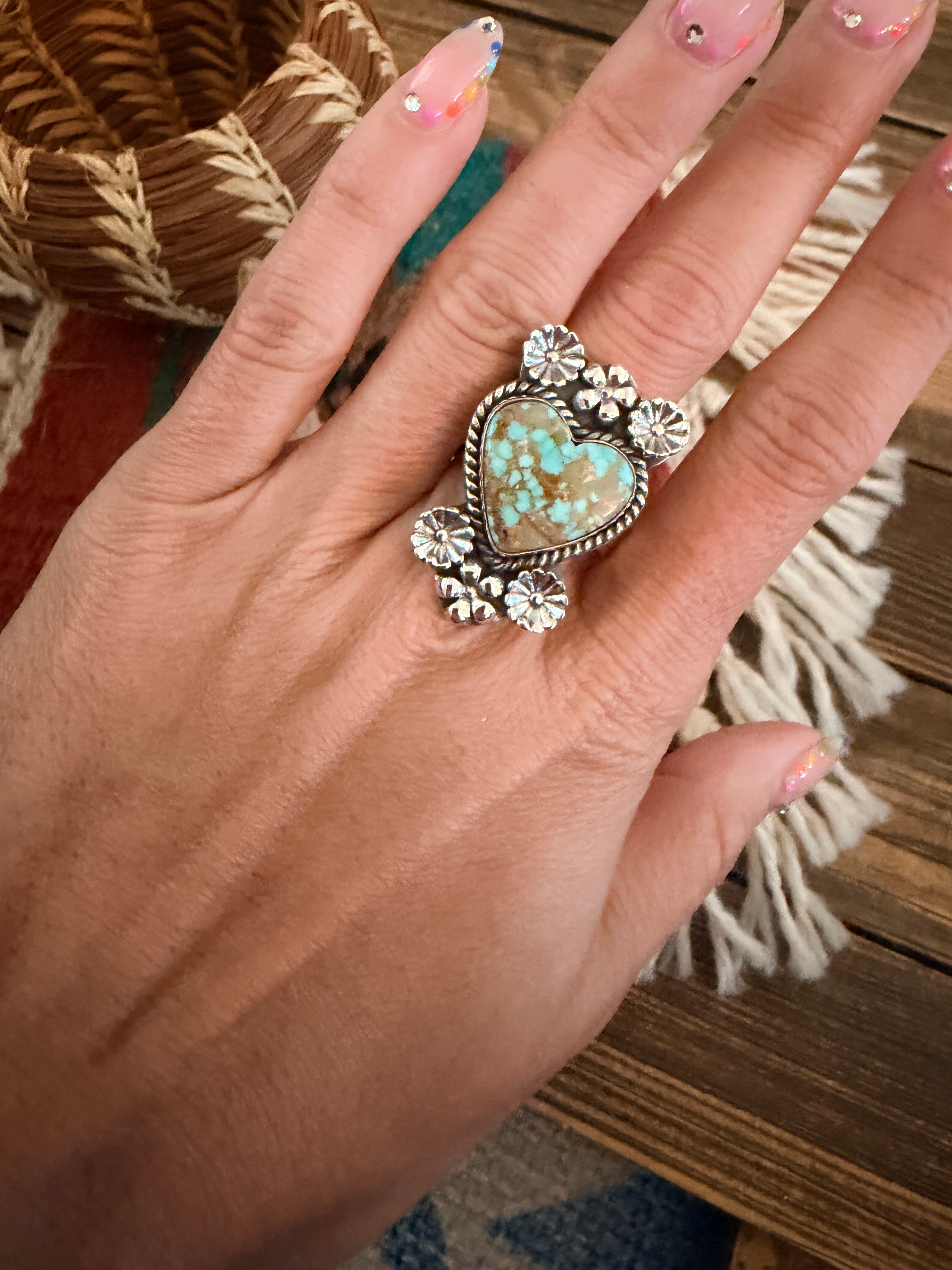 Handmade Sterling Silver Number 8 Turquoise Adjustable Heart Ring Signed Nizhoni
