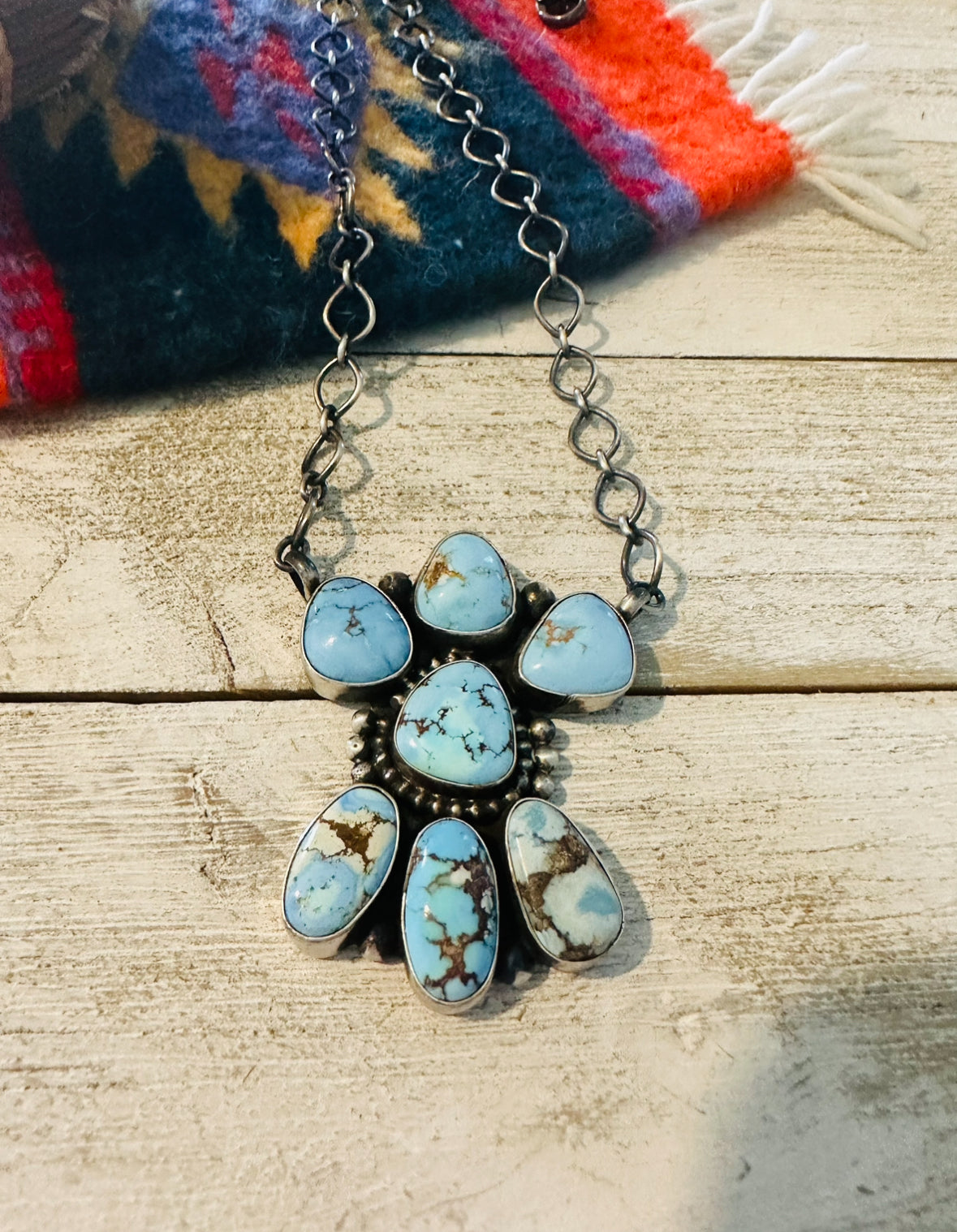 Navajo Sterling Silver & Golden Hills Turquoise Cluster Necklace