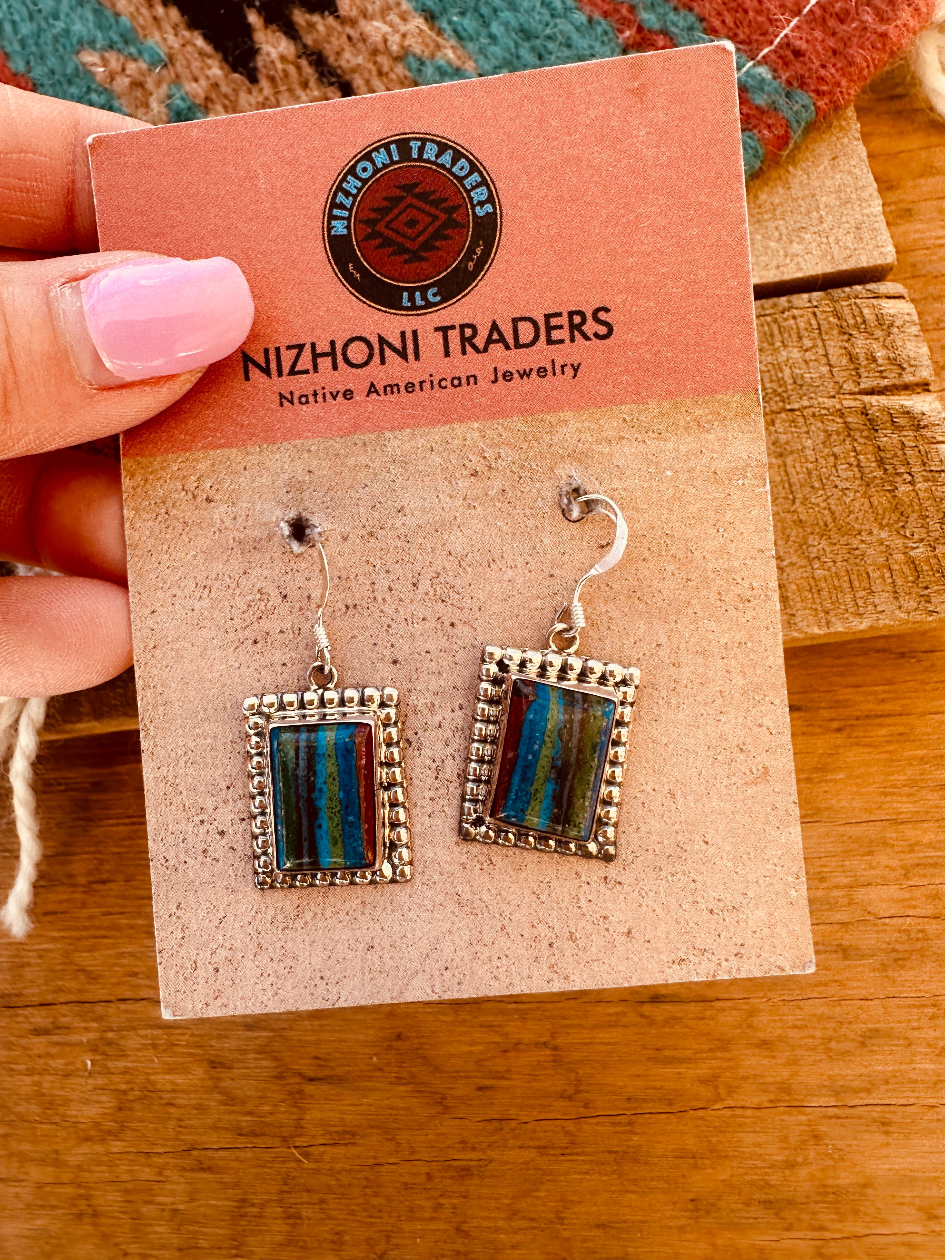 Navajo Rainbow Calsilica & Sterling Silver Dangle Earrings