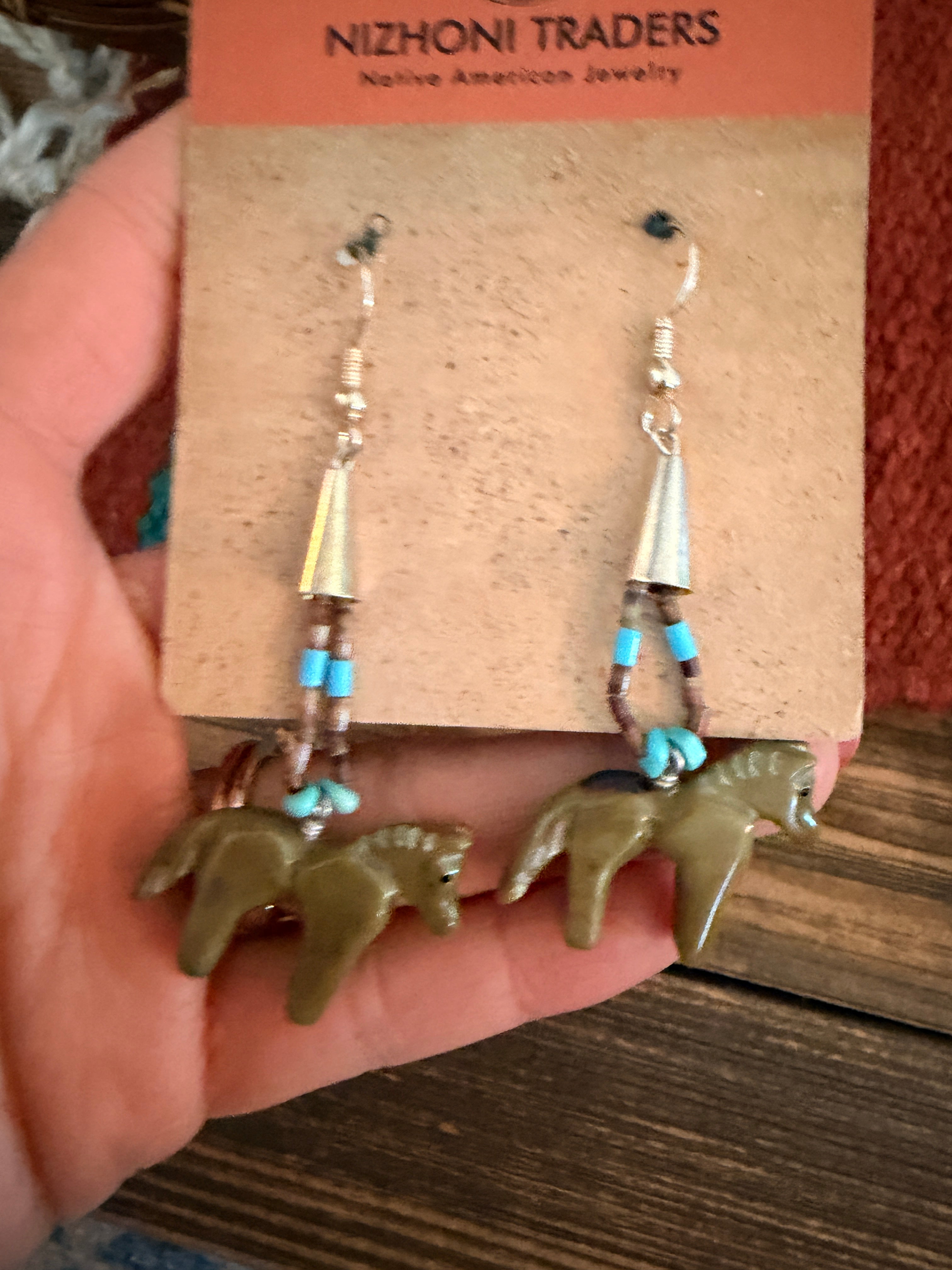 Hand Carved Jasper and Turquoise Fetish Horse Beaded Dangle Earrings