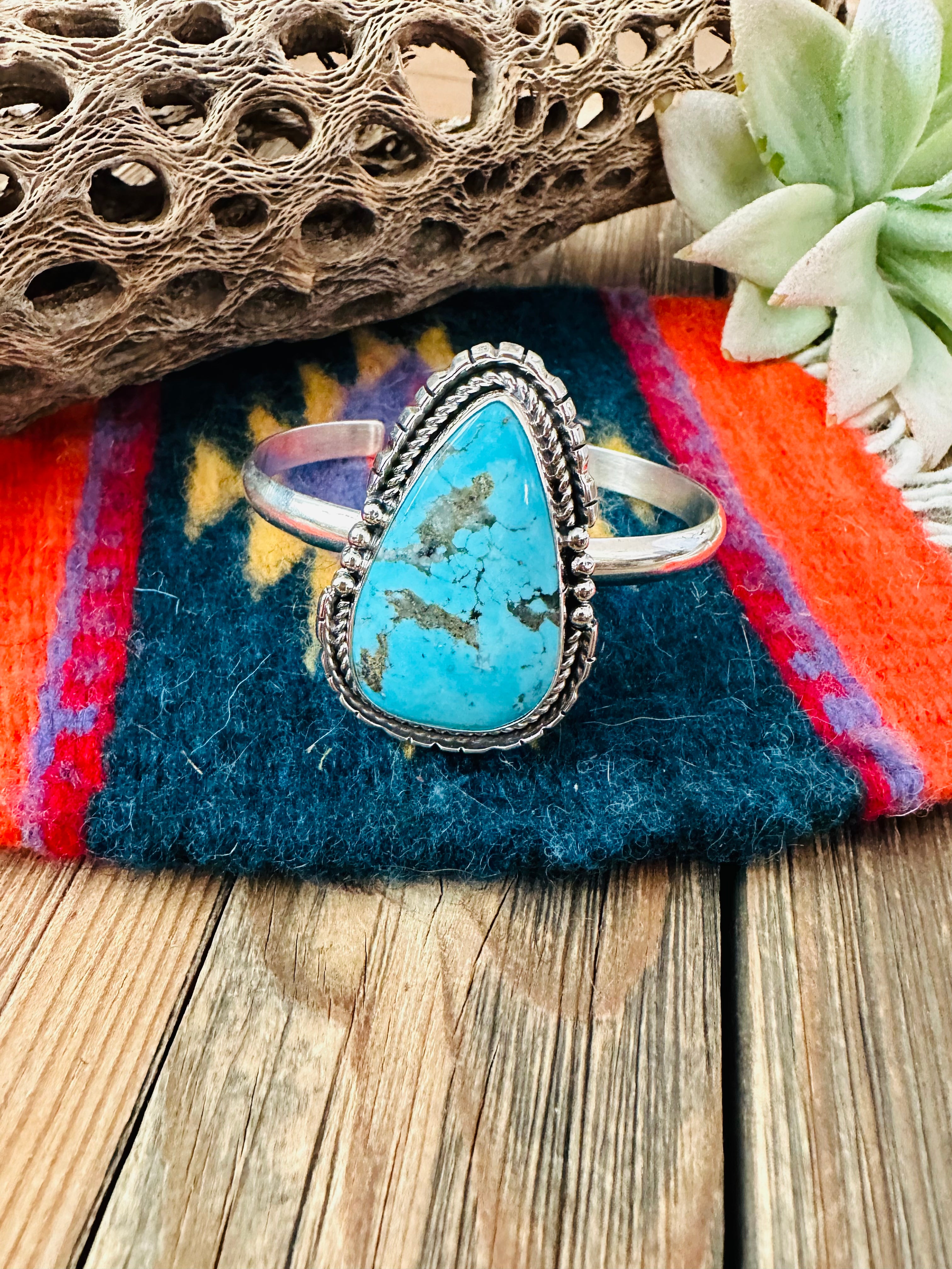 Navajo Kingman Turquoise And Sterling Silver Cuff Bracelet