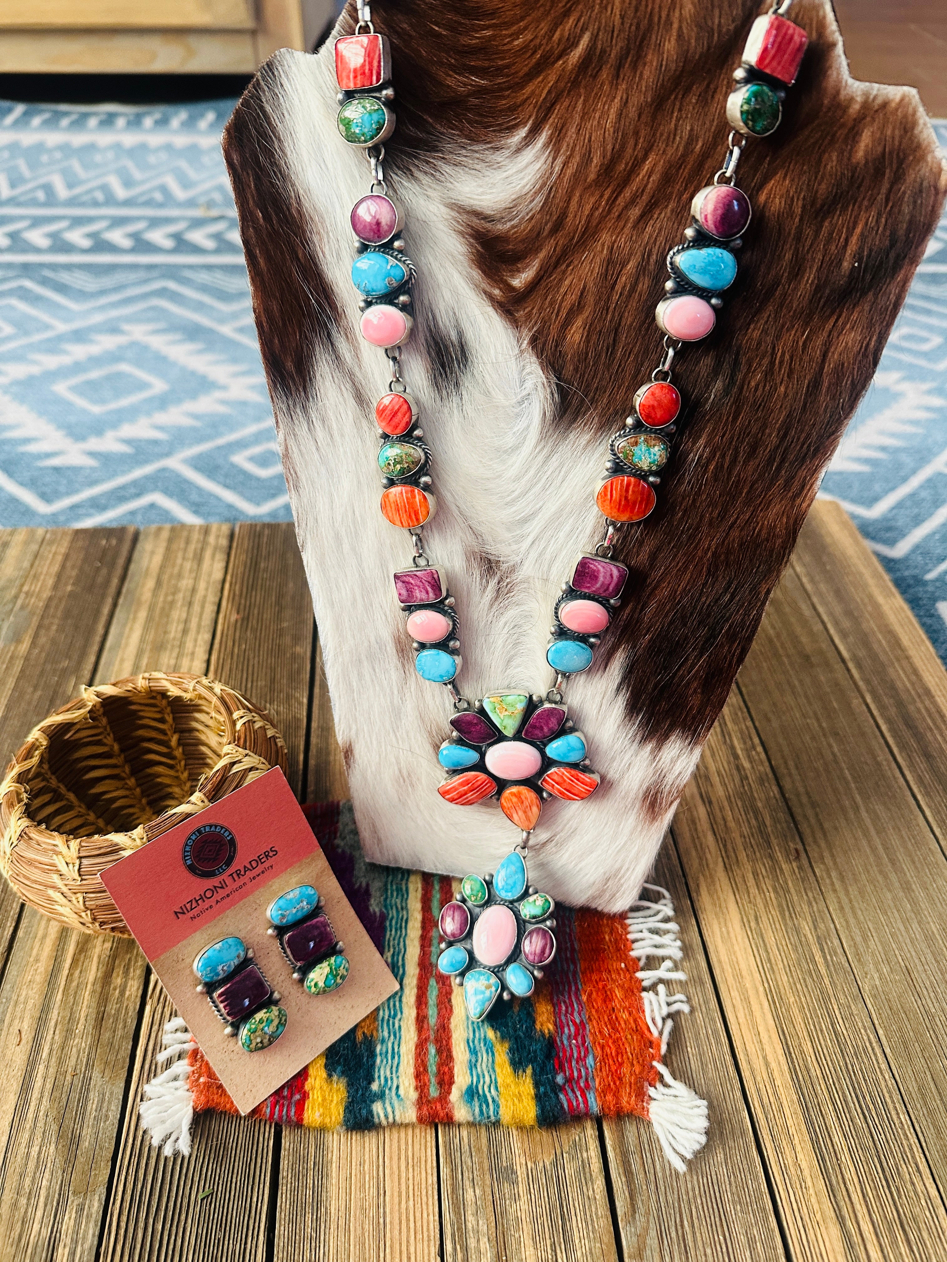 Handcrafted Multi Stone & Sterling Silver Cluster Necklace and Earring Set