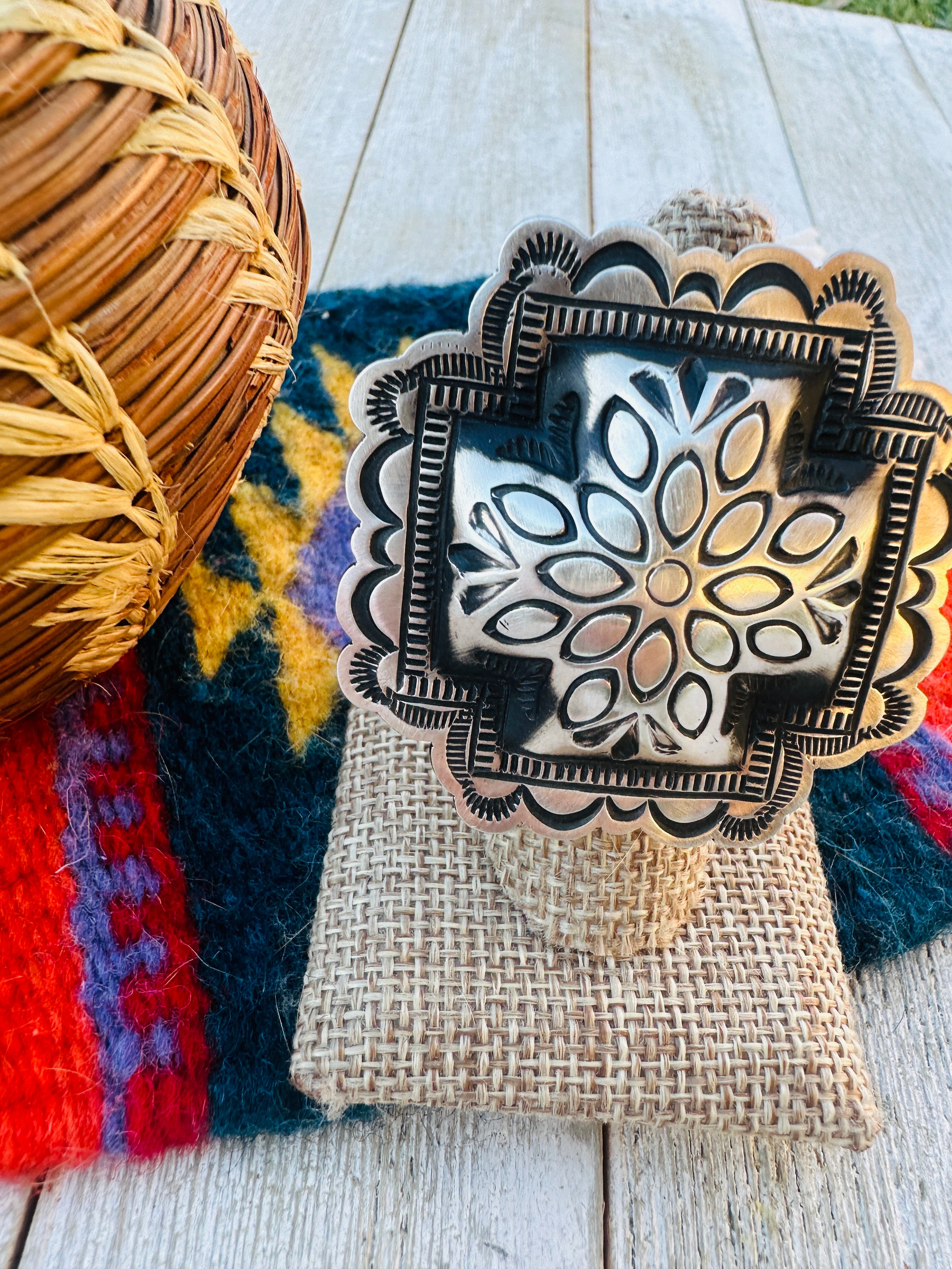 Handcrafted Sterling Silver Adjustable Cross Concho Ring by Leander Tahe