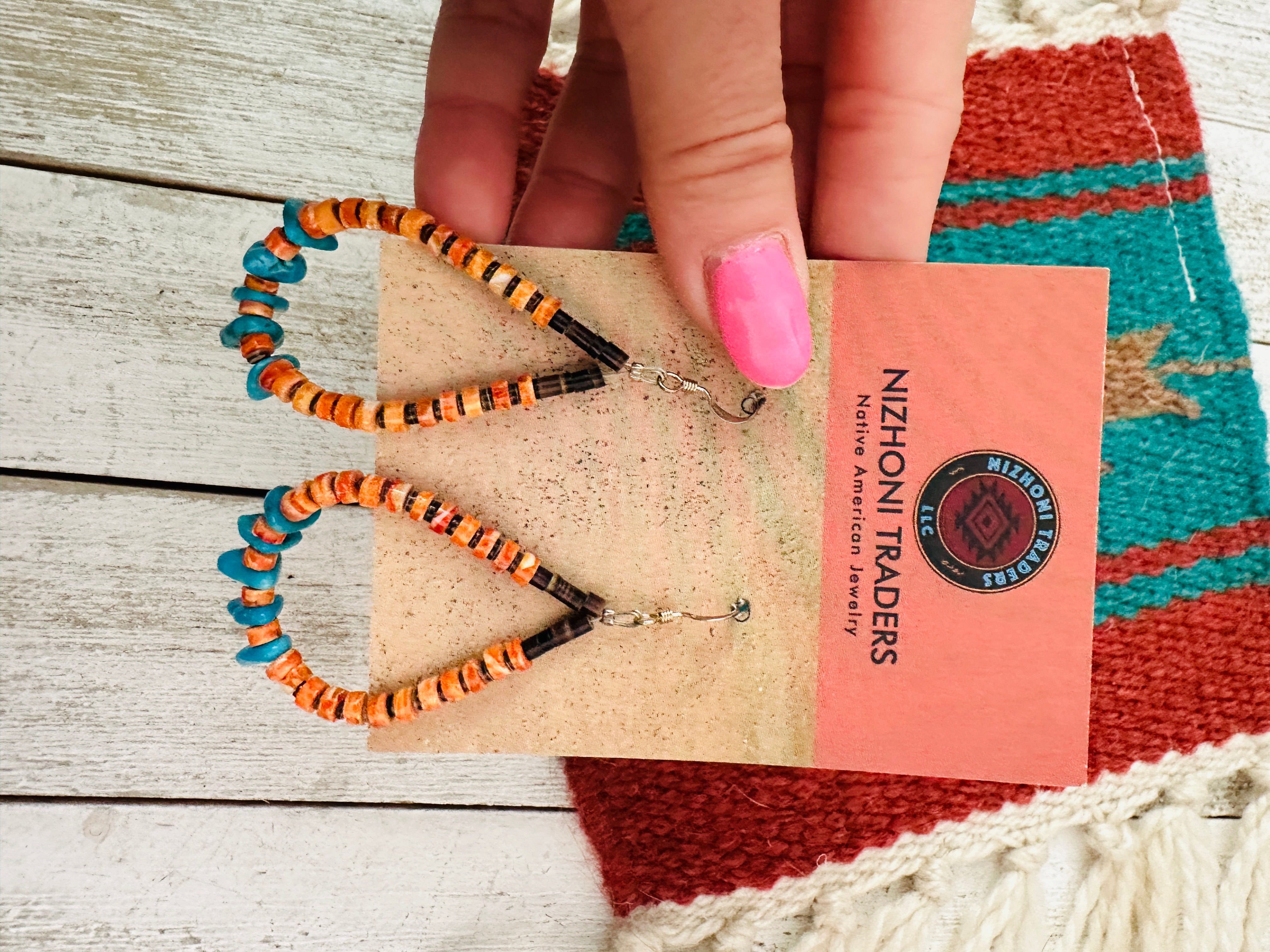 Navajo Turquoise, Spiny & Heishi Beaded Hoop Earrings