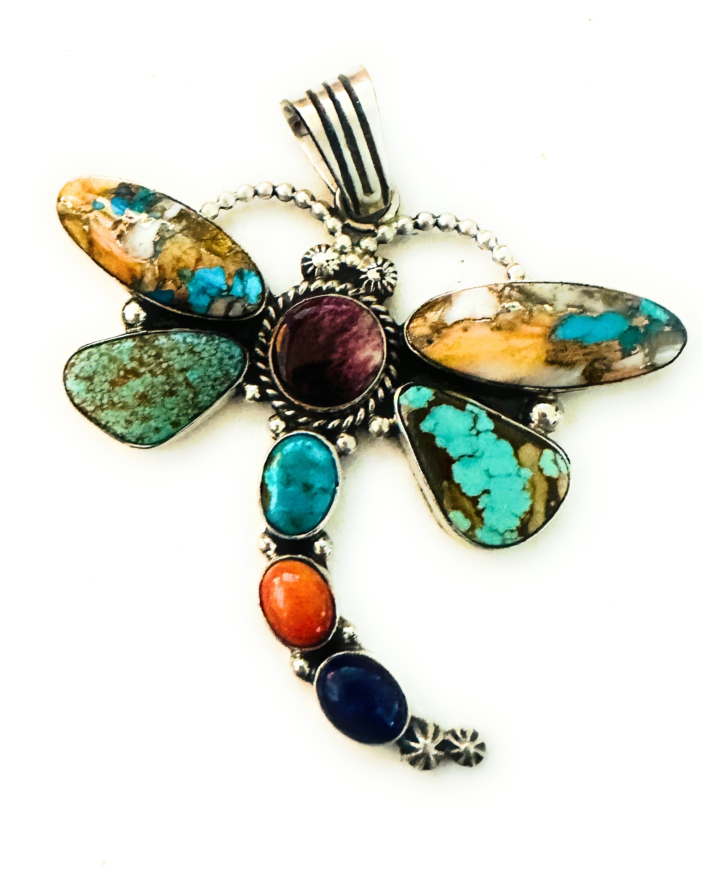 Navajo Multi Stone & Sterling Silver Dragonfly Pendant