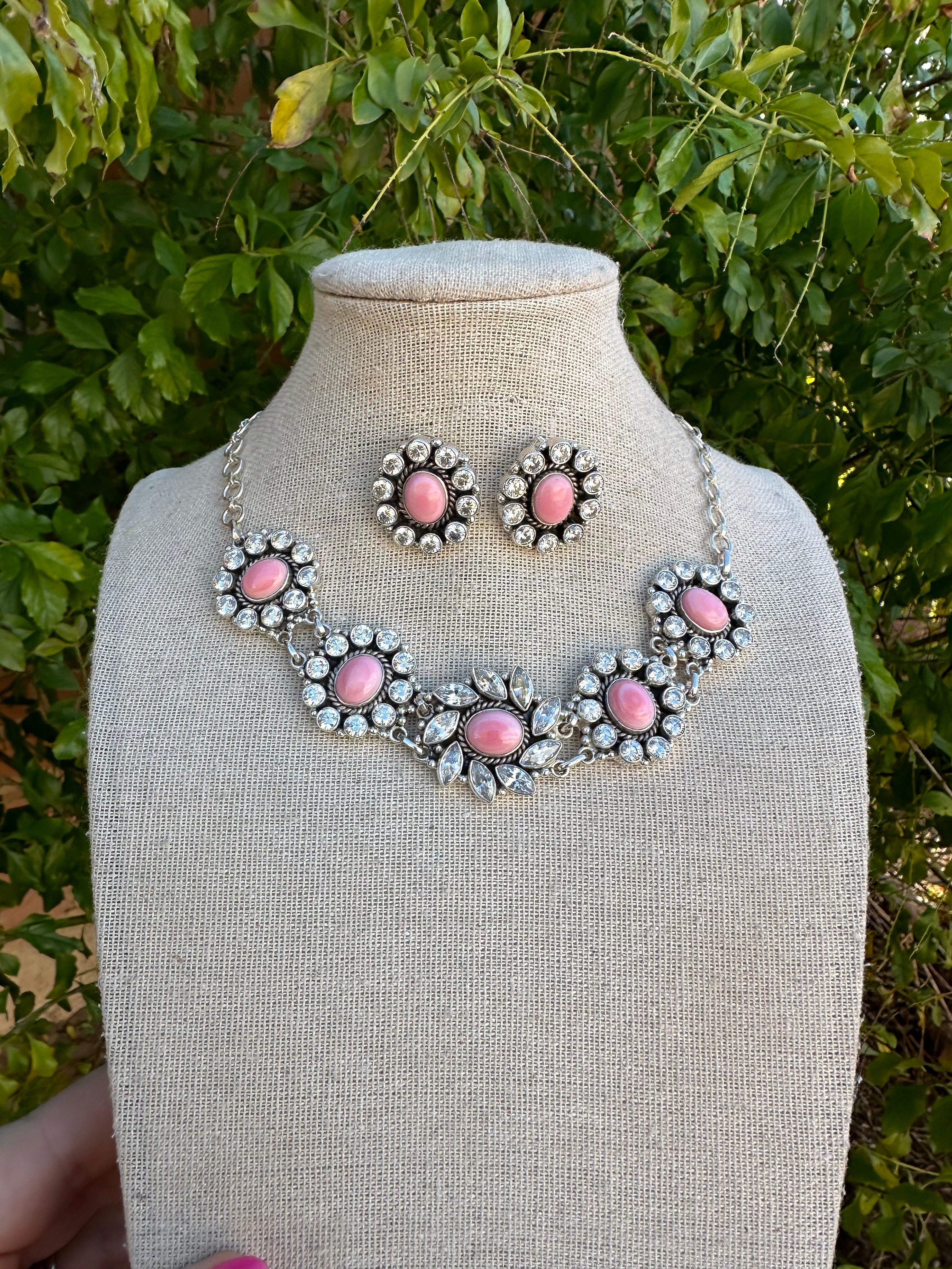 Handmade Sterling Silver, CZ & Pink Conch Choker Necklace Set