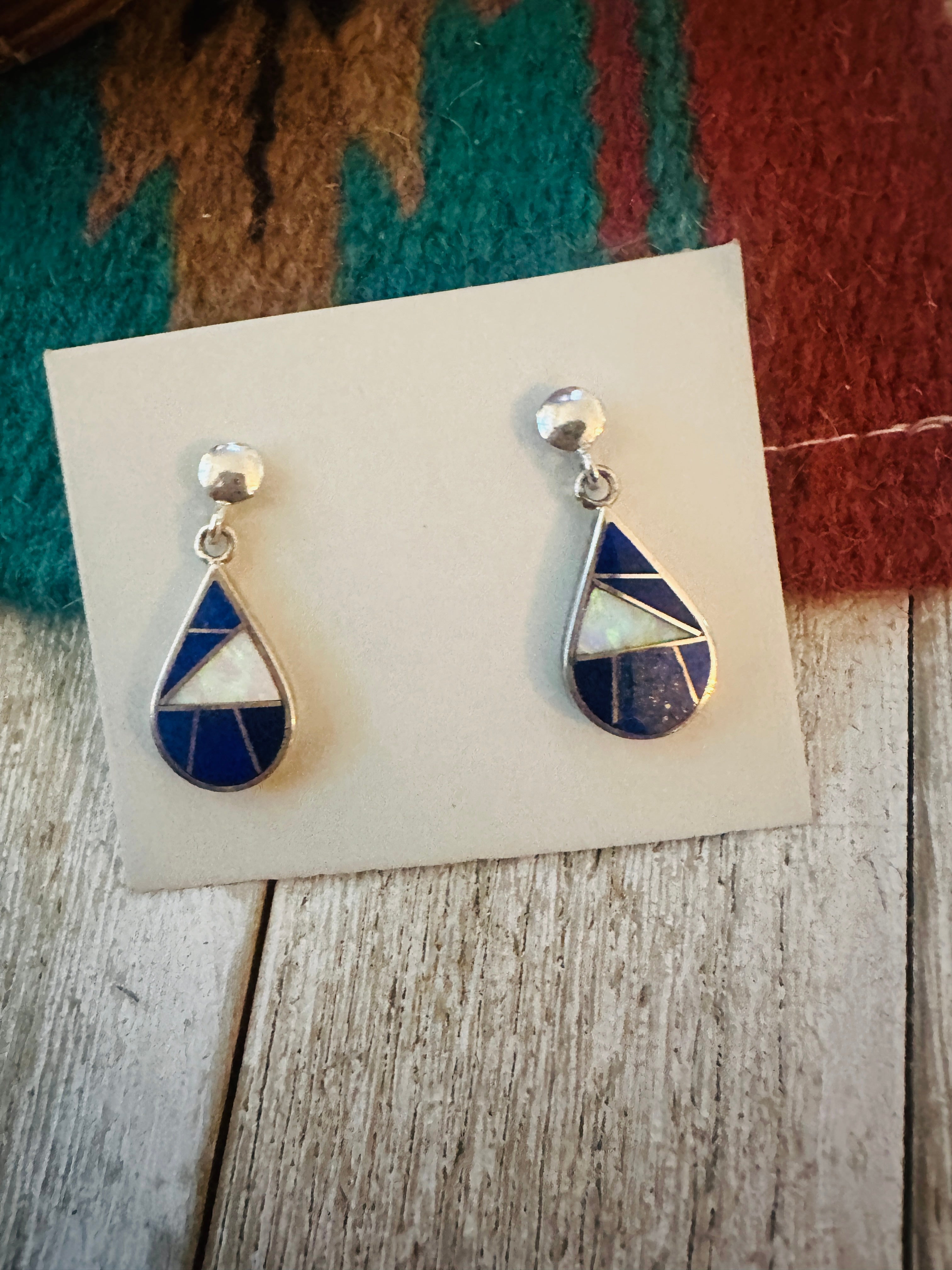 Handcrafted Lapis, Opal & Sterling Silver Inlay Dangle Earrings