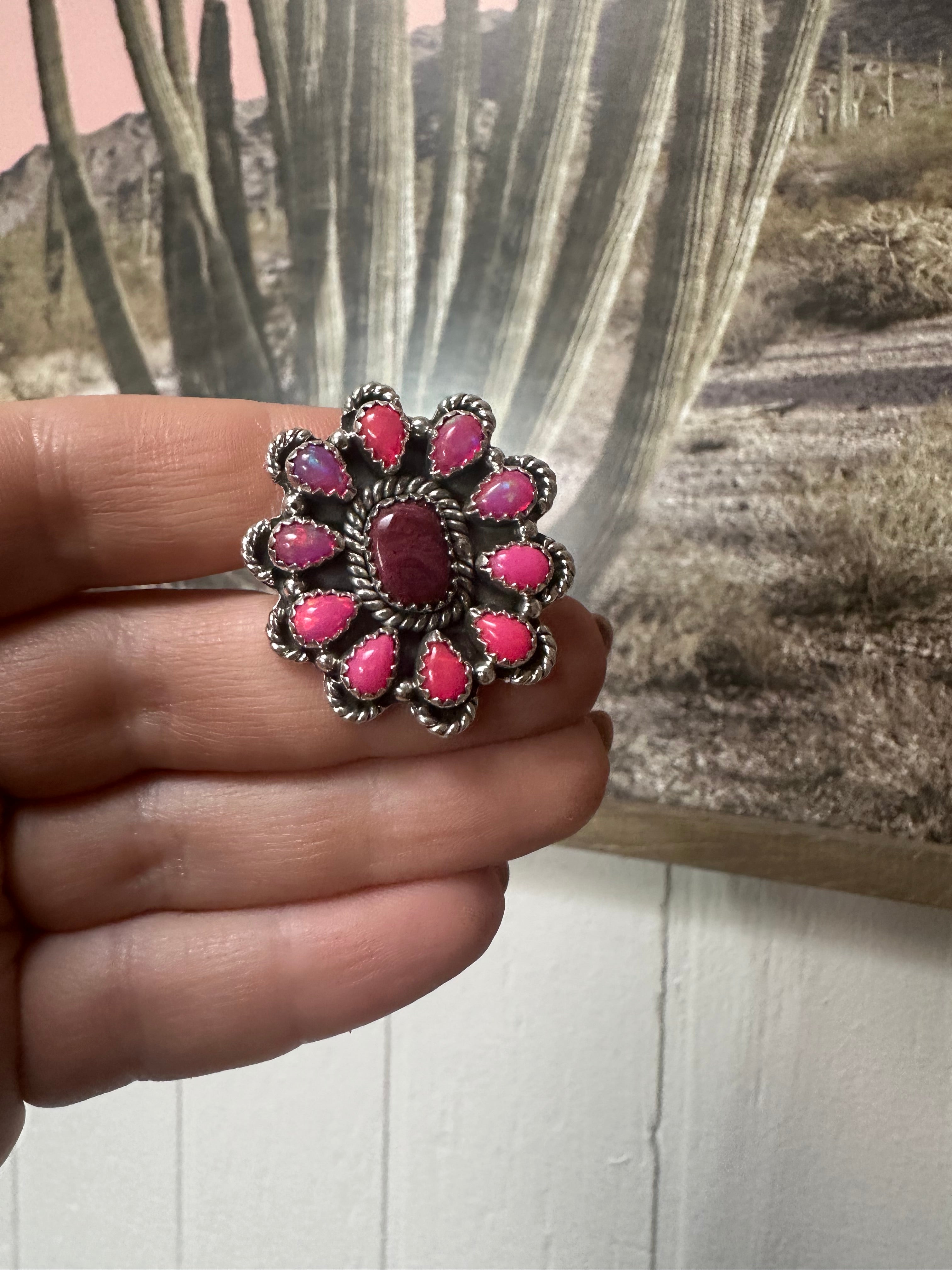 Handmade Purple Spiny, Pink Opal And Sterling Silver Adjustable Ring