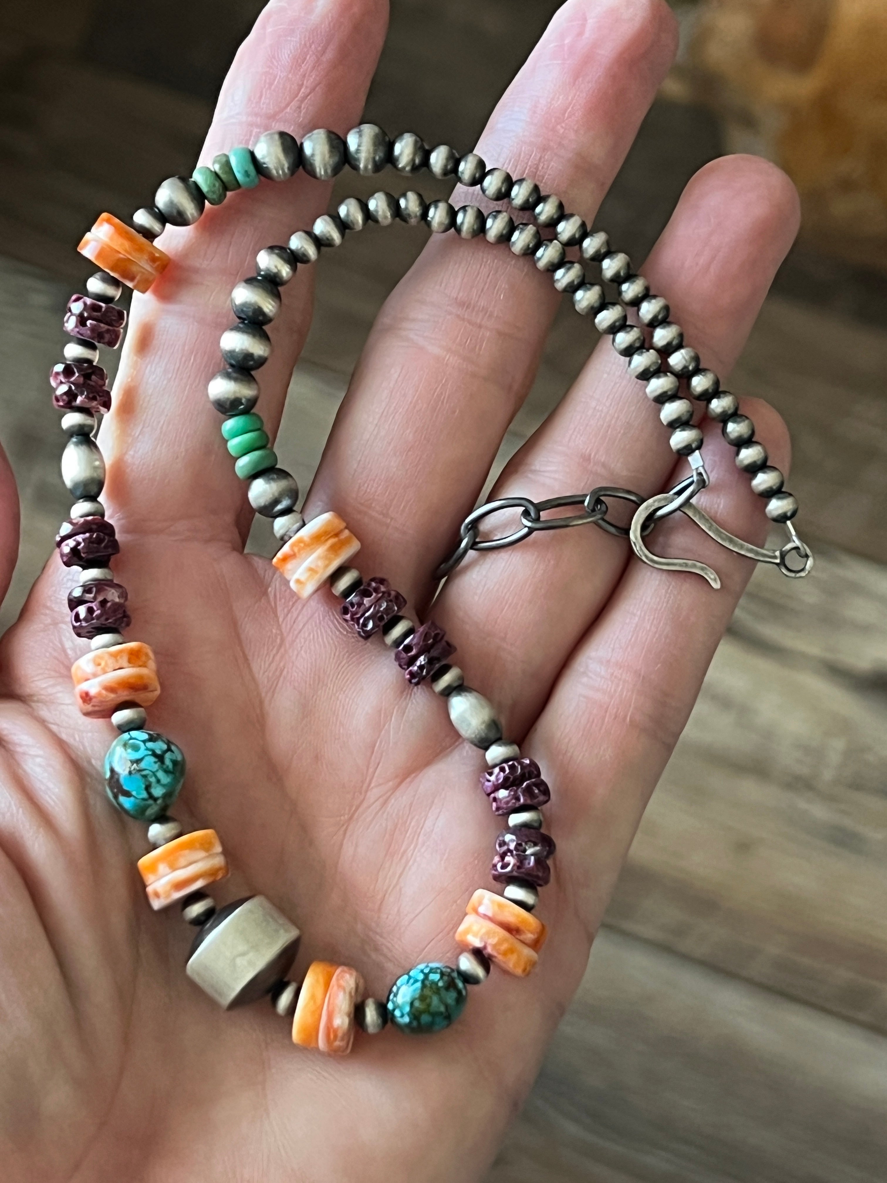 Handcrafted Sterling Silver, Kingman Turquoise and Spiny Oyster Shell Electric Rainbow Beaded Necklace, 16” + 2”