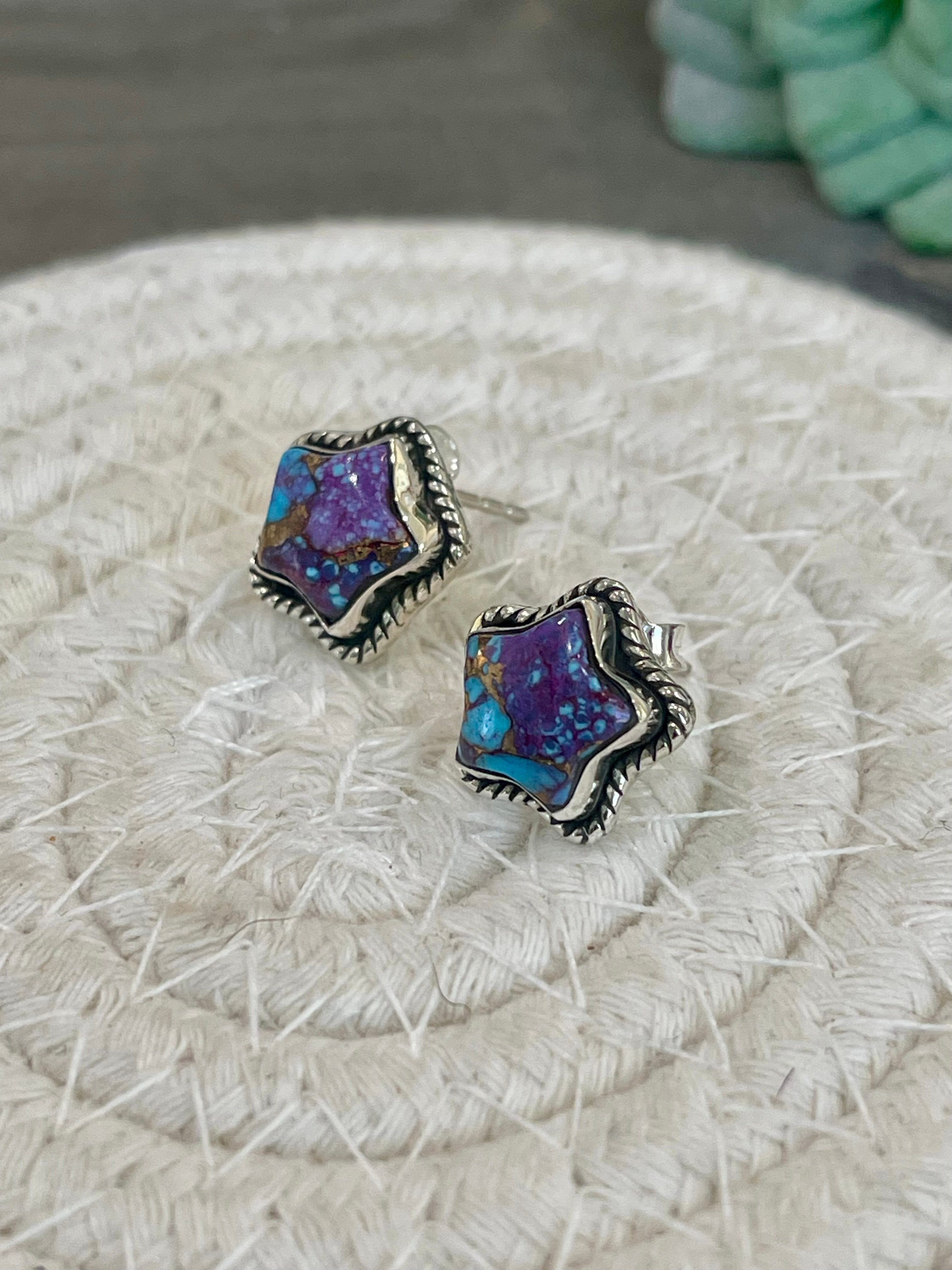 Sizzling Handmade Star Sterling Silver & Purple Mojave Post Earrings